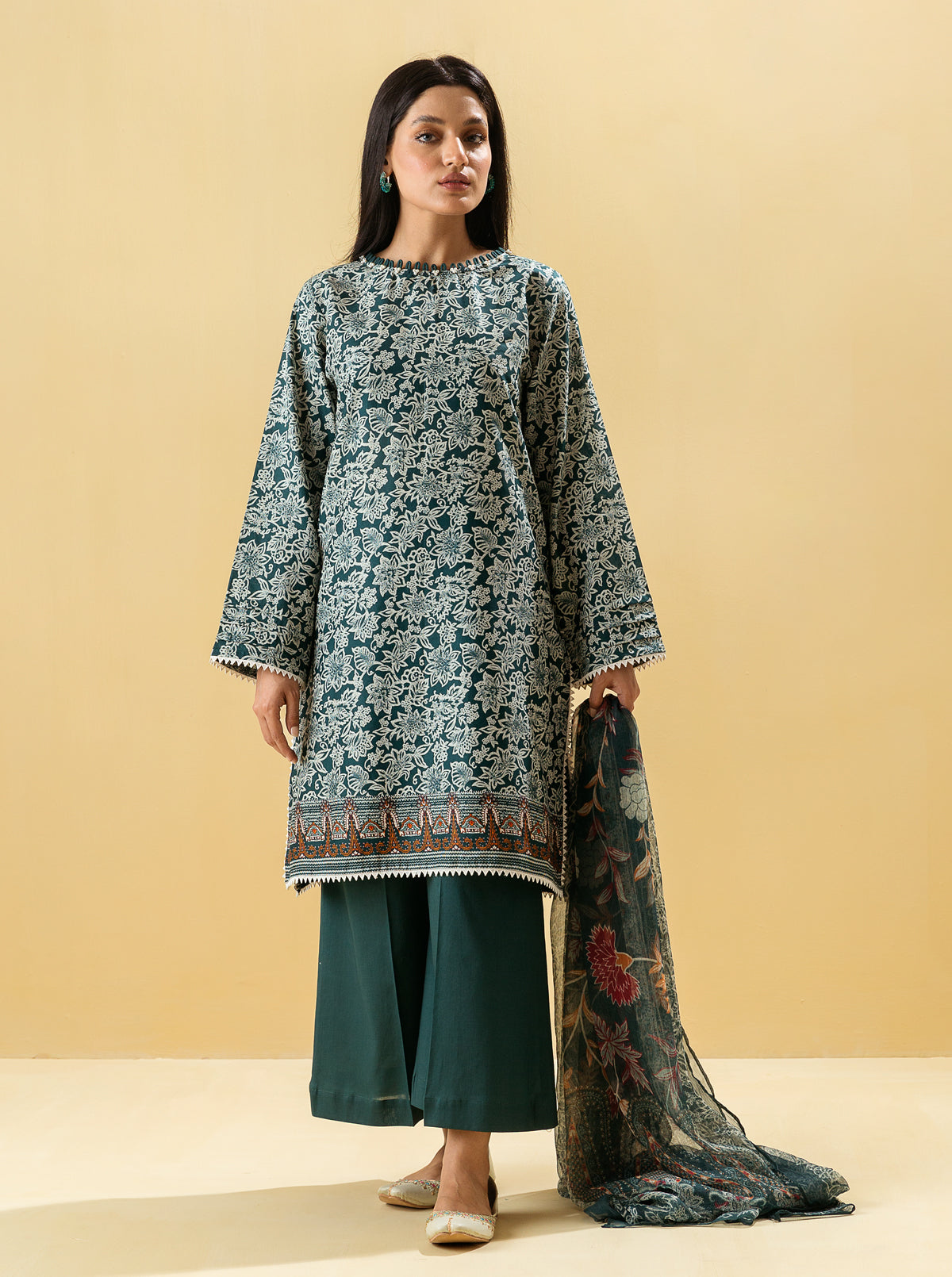 3 Piece - Printed Lawn Suit - Antique Navy