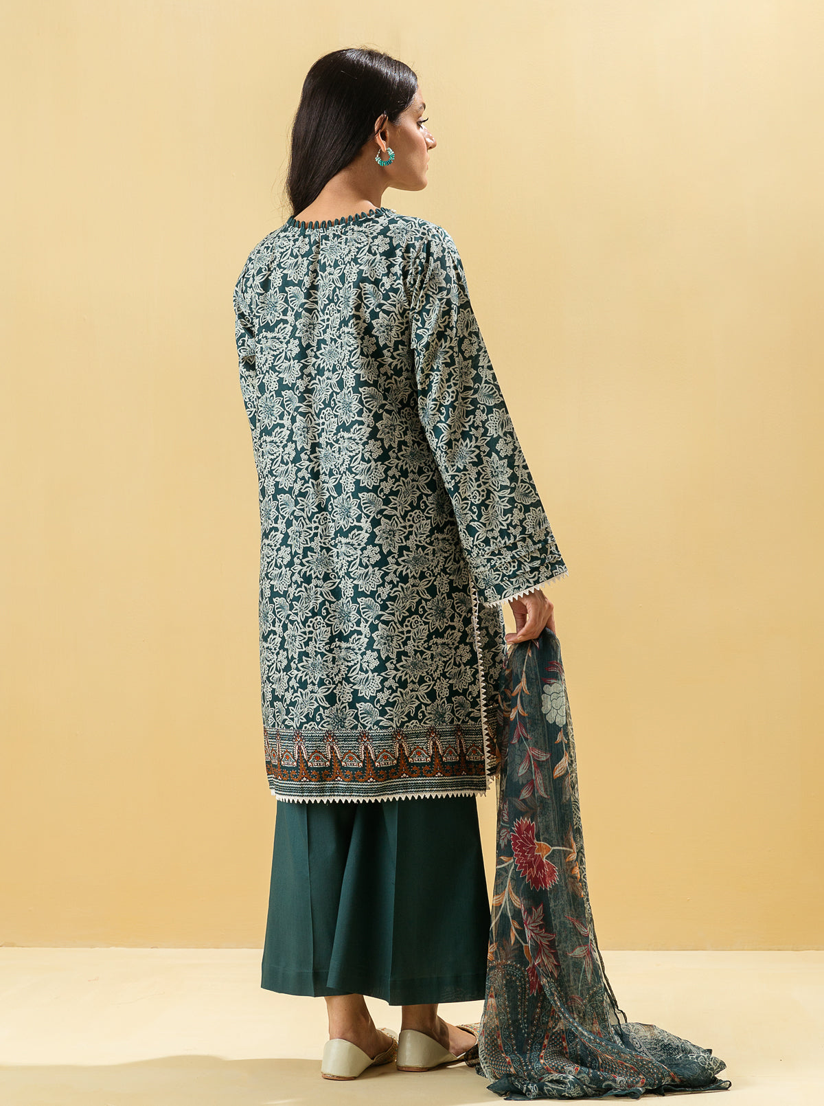 3 Piece - Printed Lawn Suit - Antique Navy