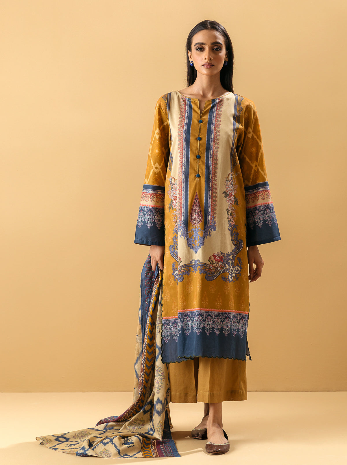 3 Piece - Printed Lawn Suit - Muted Mustard