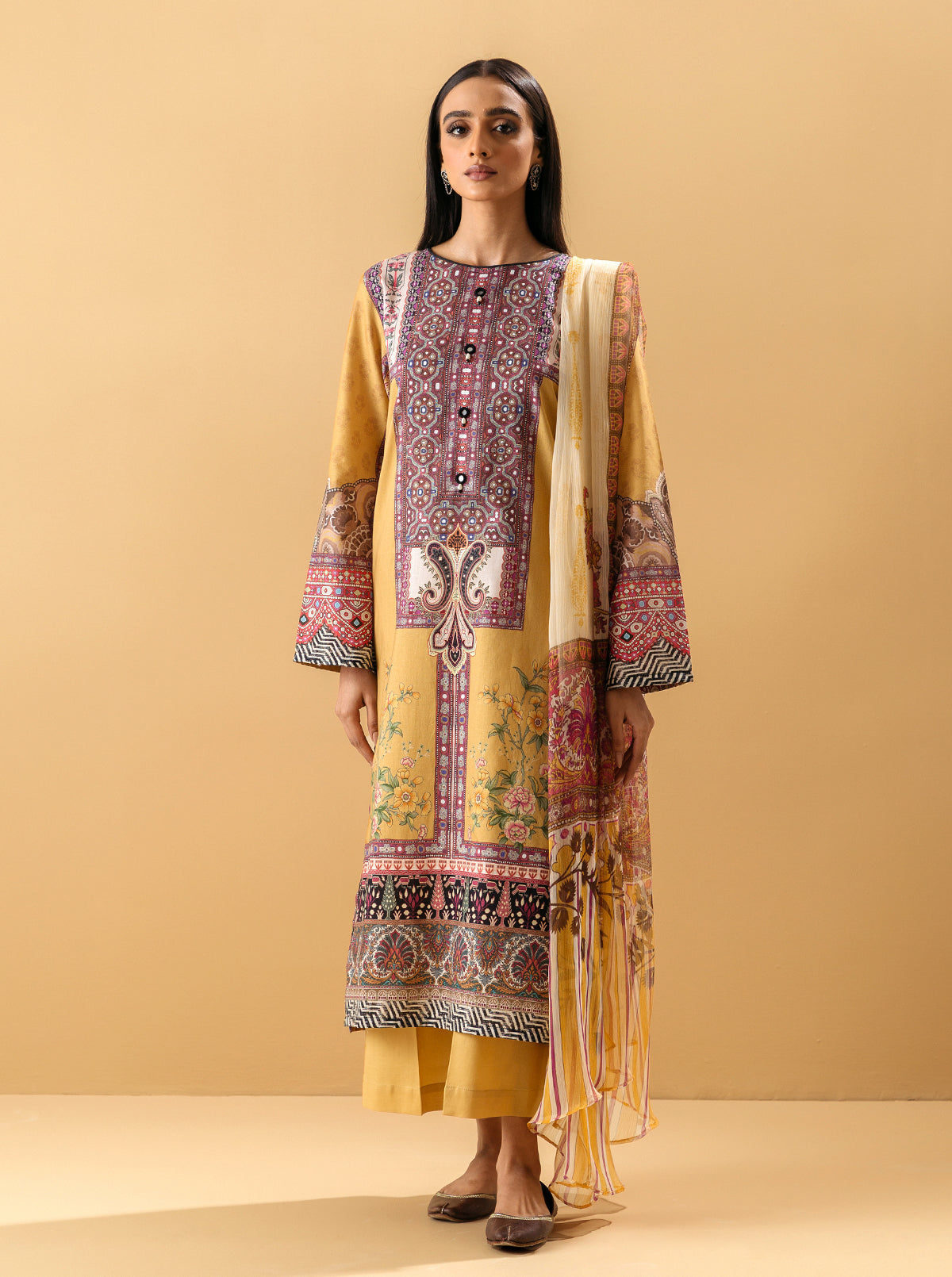 3 PIECE - PRINTED LAWN SUIT - YELLOW OCHREMB4S22U49-YELLOW-2000000204103-3PC