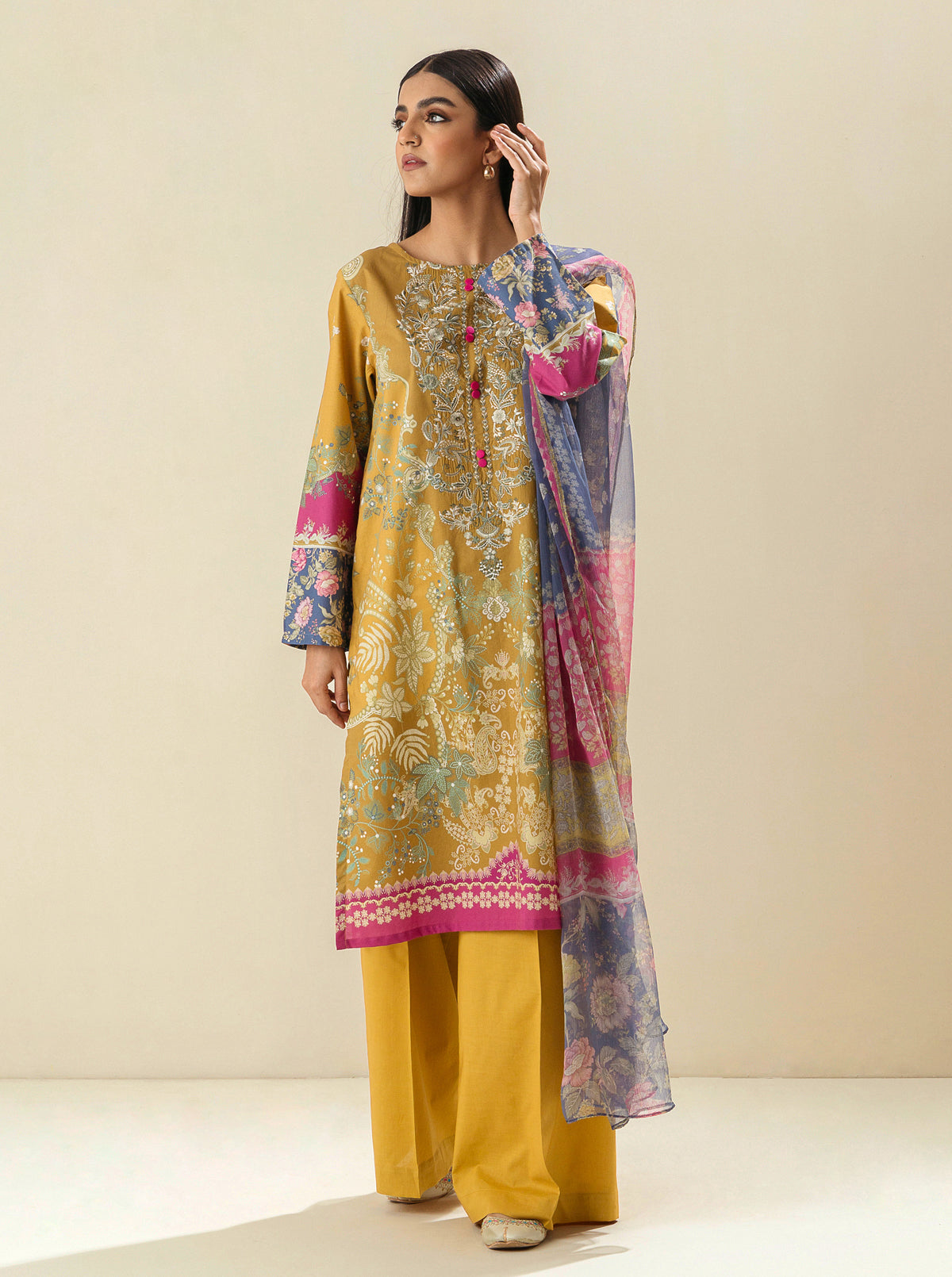 3 Piece - Embroidered Lawn Suit - Honey Gold