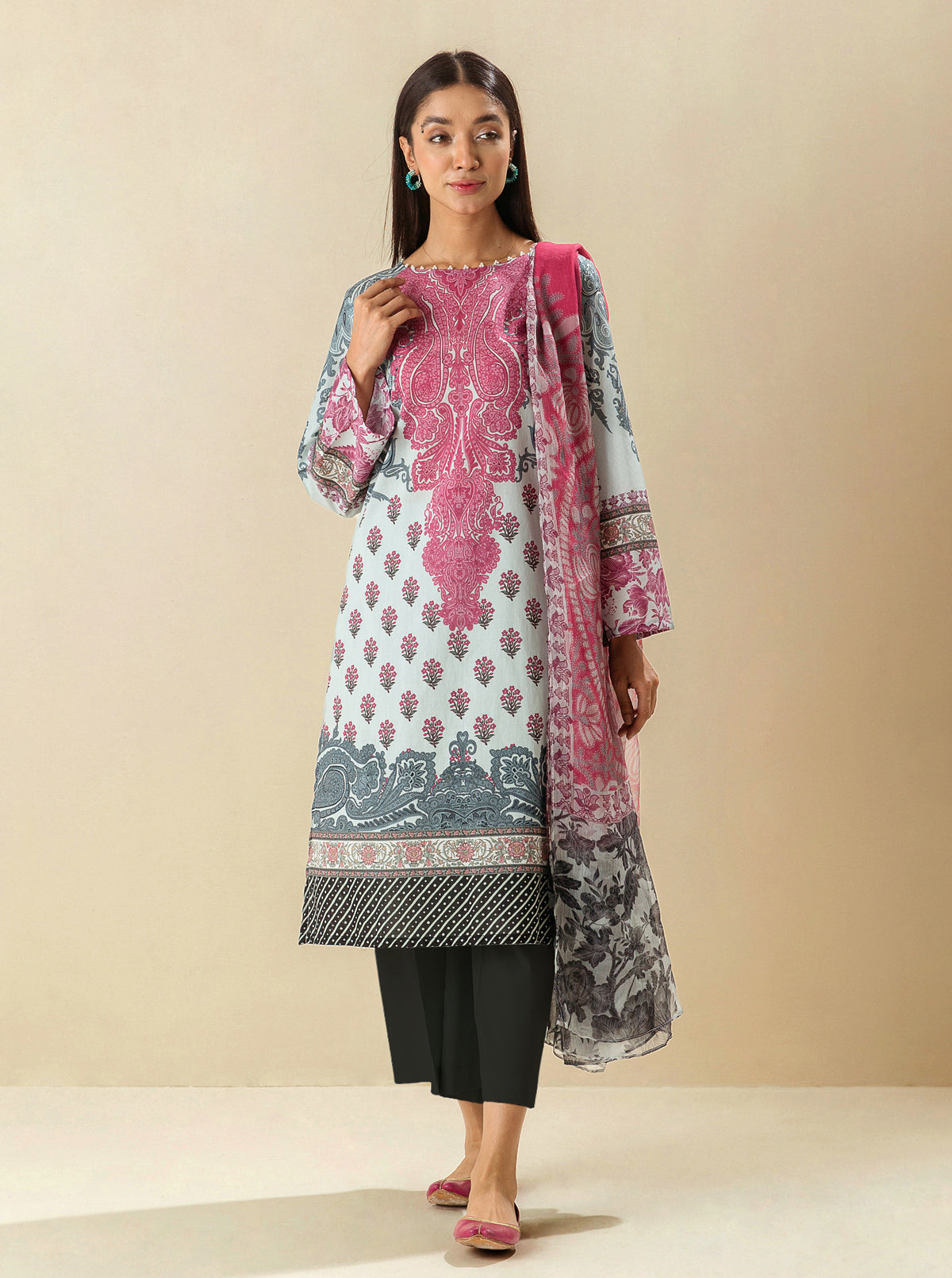 3 Piece - Printed Lawn Suit - Beetroot Trace