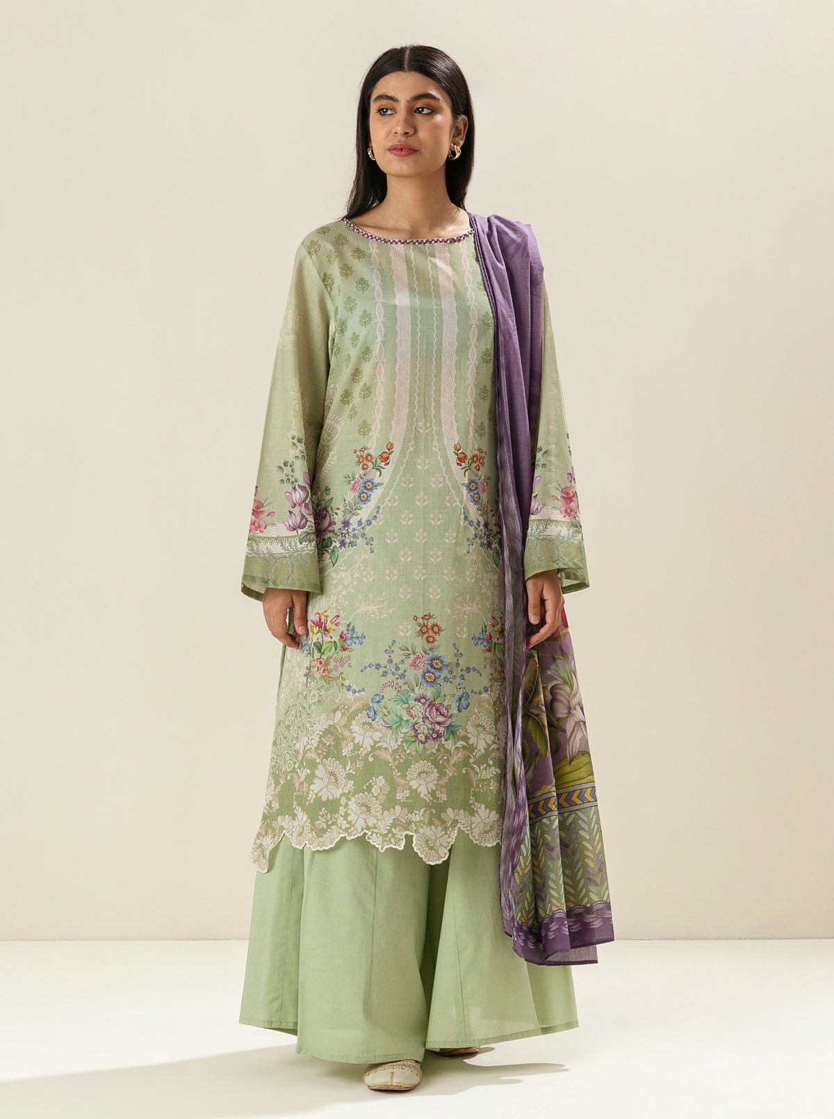 3 Piece - Printed Lawn Suit - Freshly Green