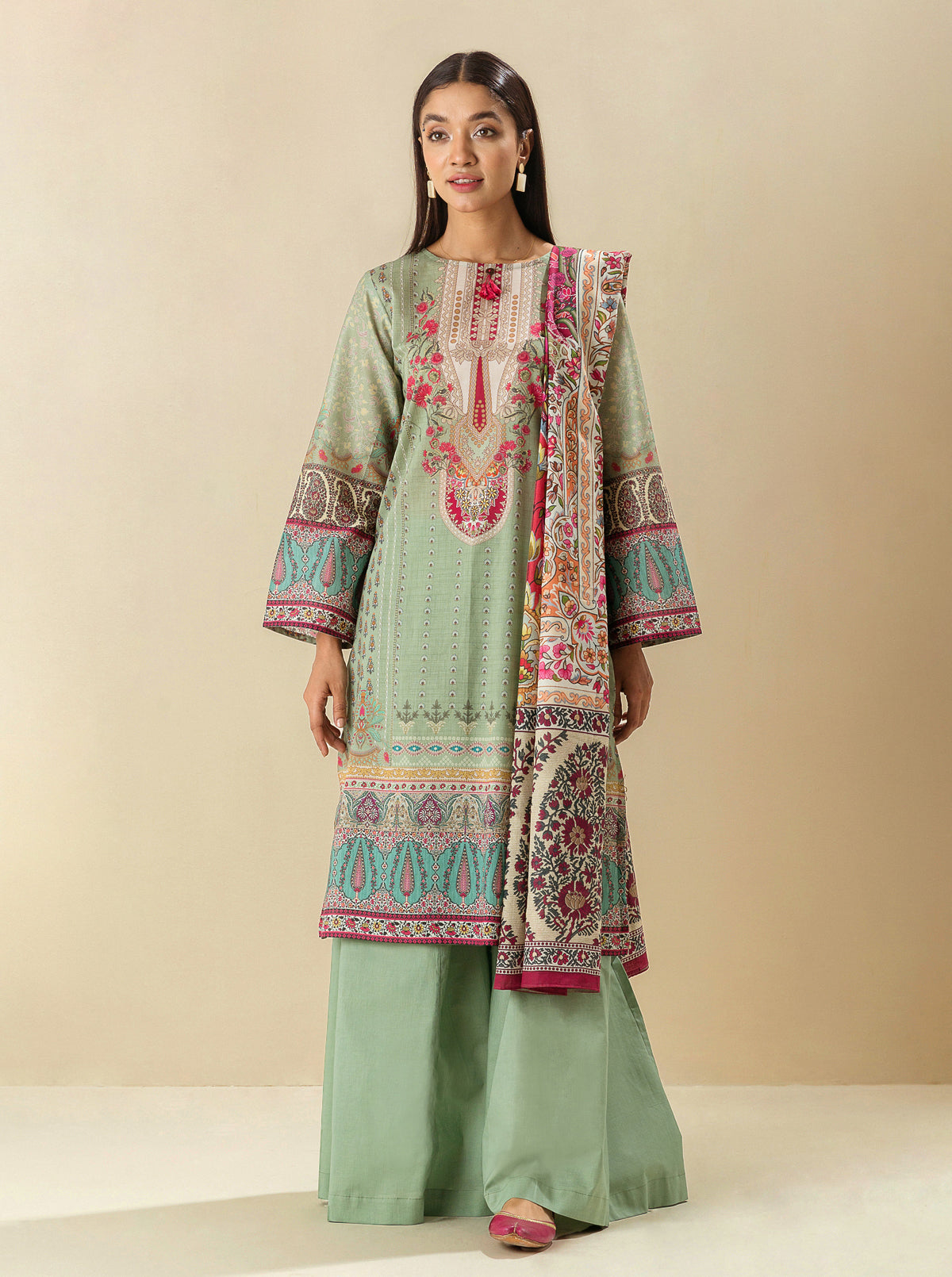 3 Piece - Printed Lawn Suit -Frosty Spruce
