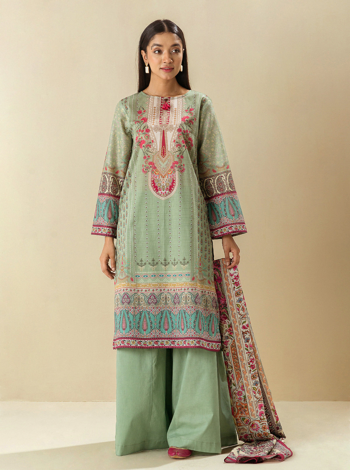 3 Piece - Printed Lawn Suit -Frosty Spruce
