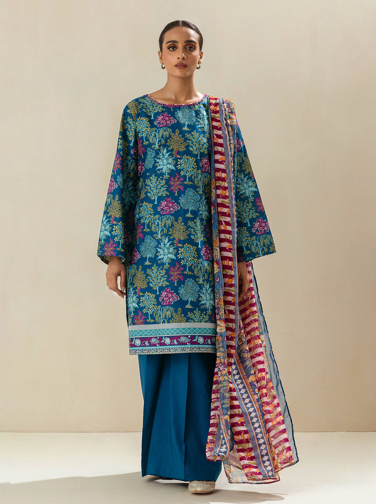 3 Piece - Printed Lawn Suit - Coastal Blue