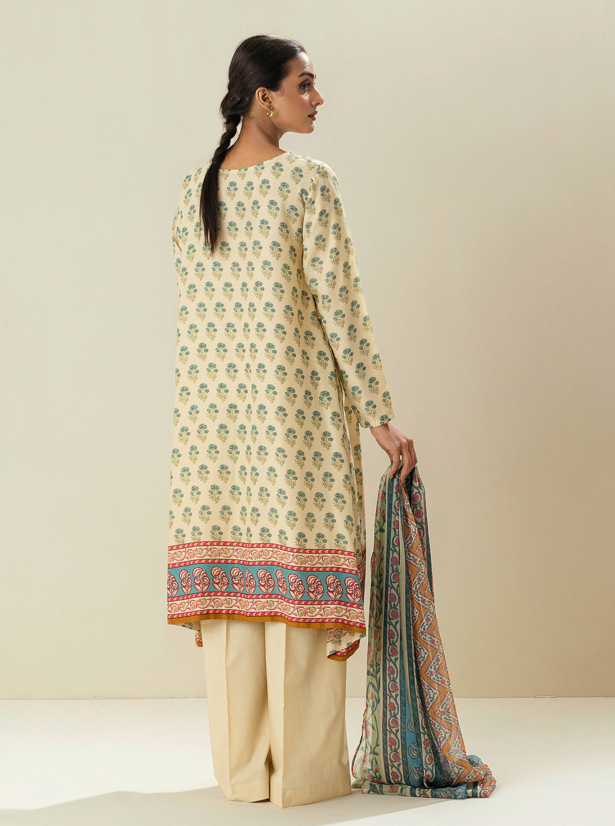 3 Piece - Printed Viscose Suit - Latte Froth (Unstitched)
