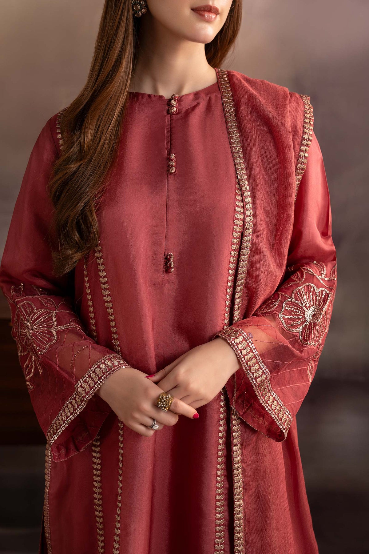3 Piece Embroidered Tassel Silk Suit