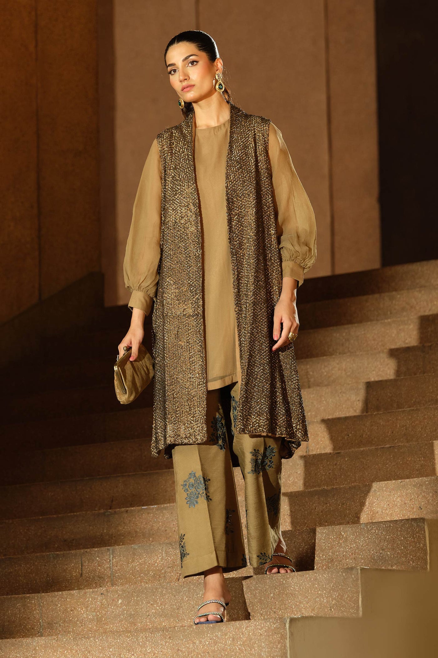 3 Piece Embroidered Raw Silk Suit