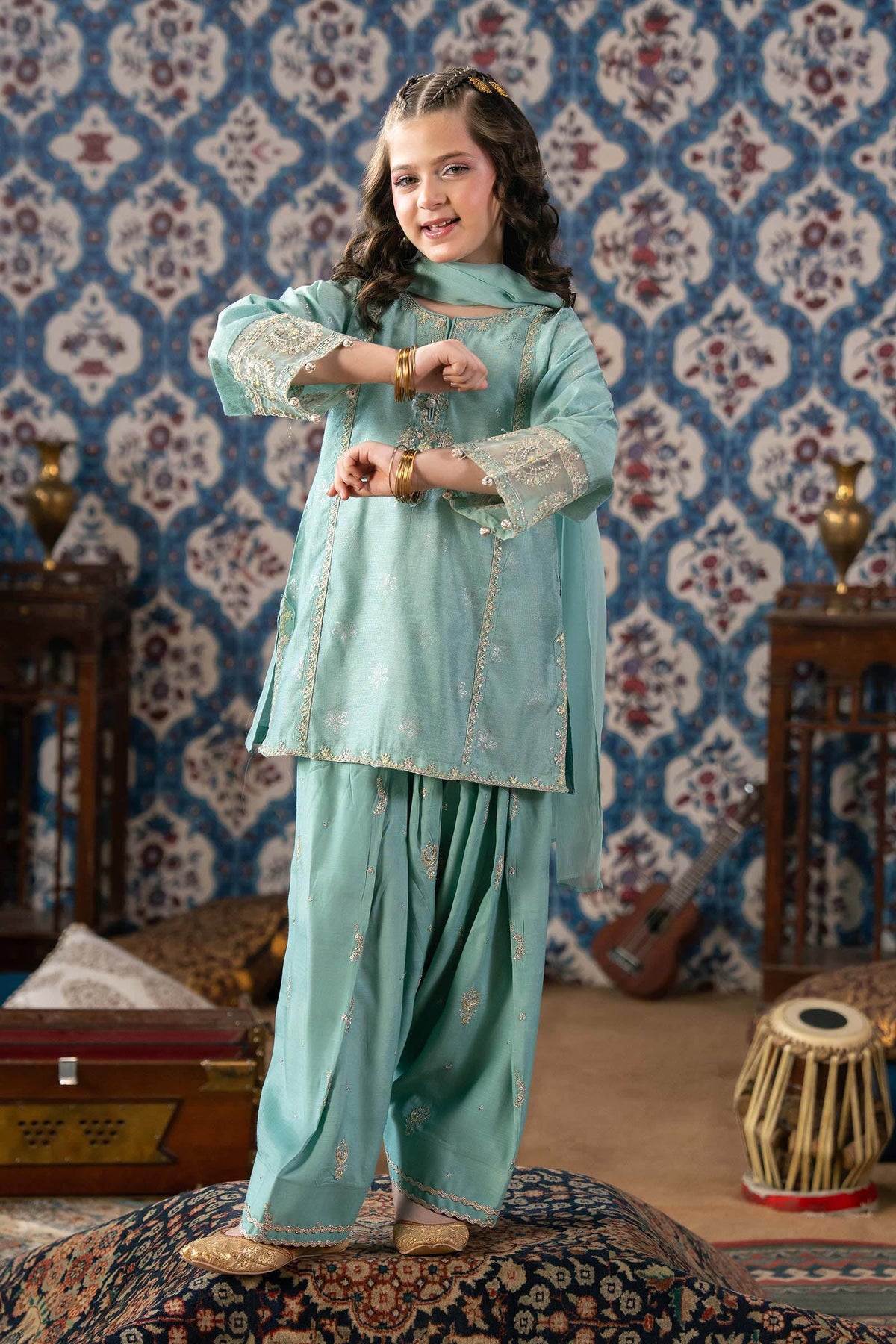 3 Piece Embroidered Black Warp Silk Suit