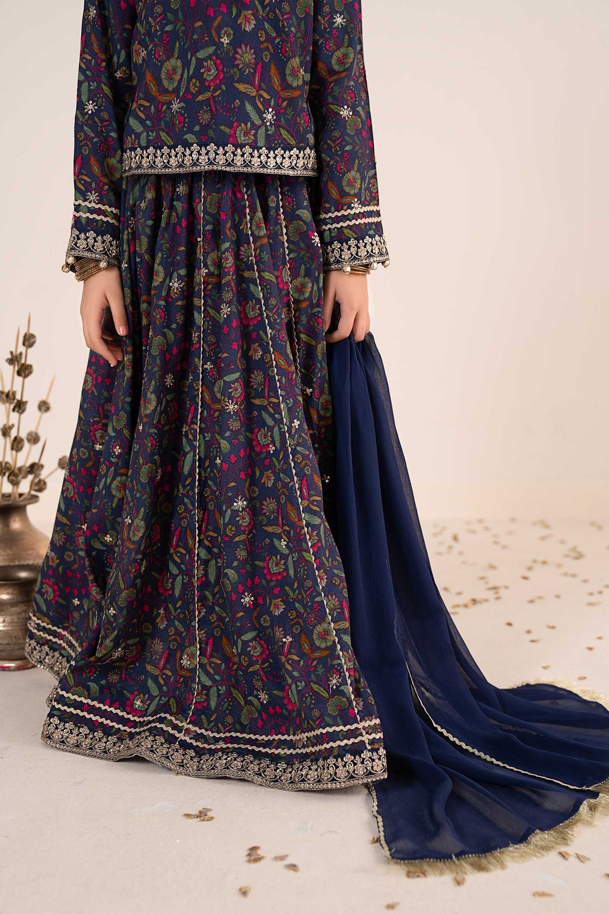 3 Piece Embroidered Raw Silk Suit