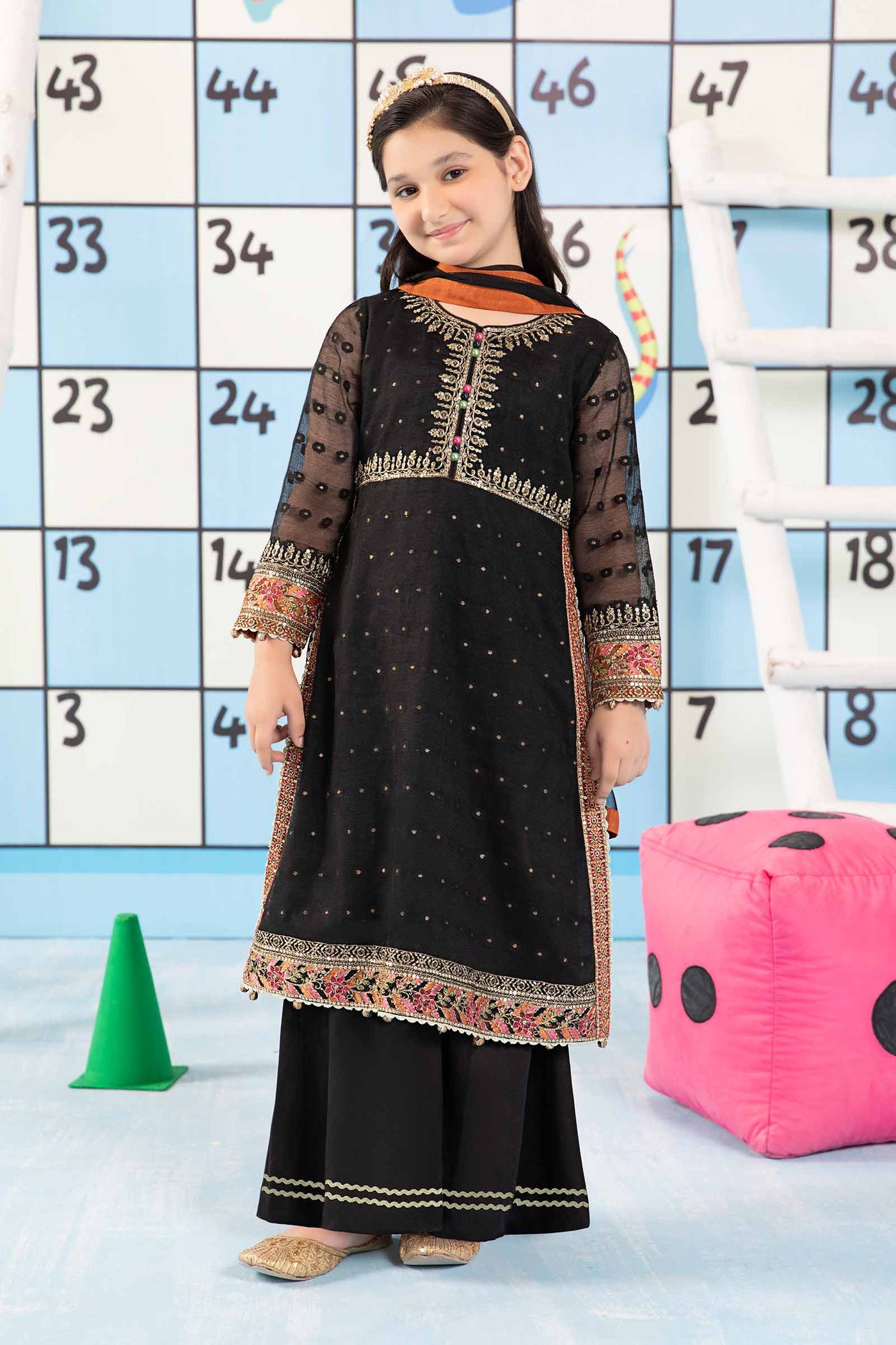 3 Piece Embroidered Cotton Zari Net Suit