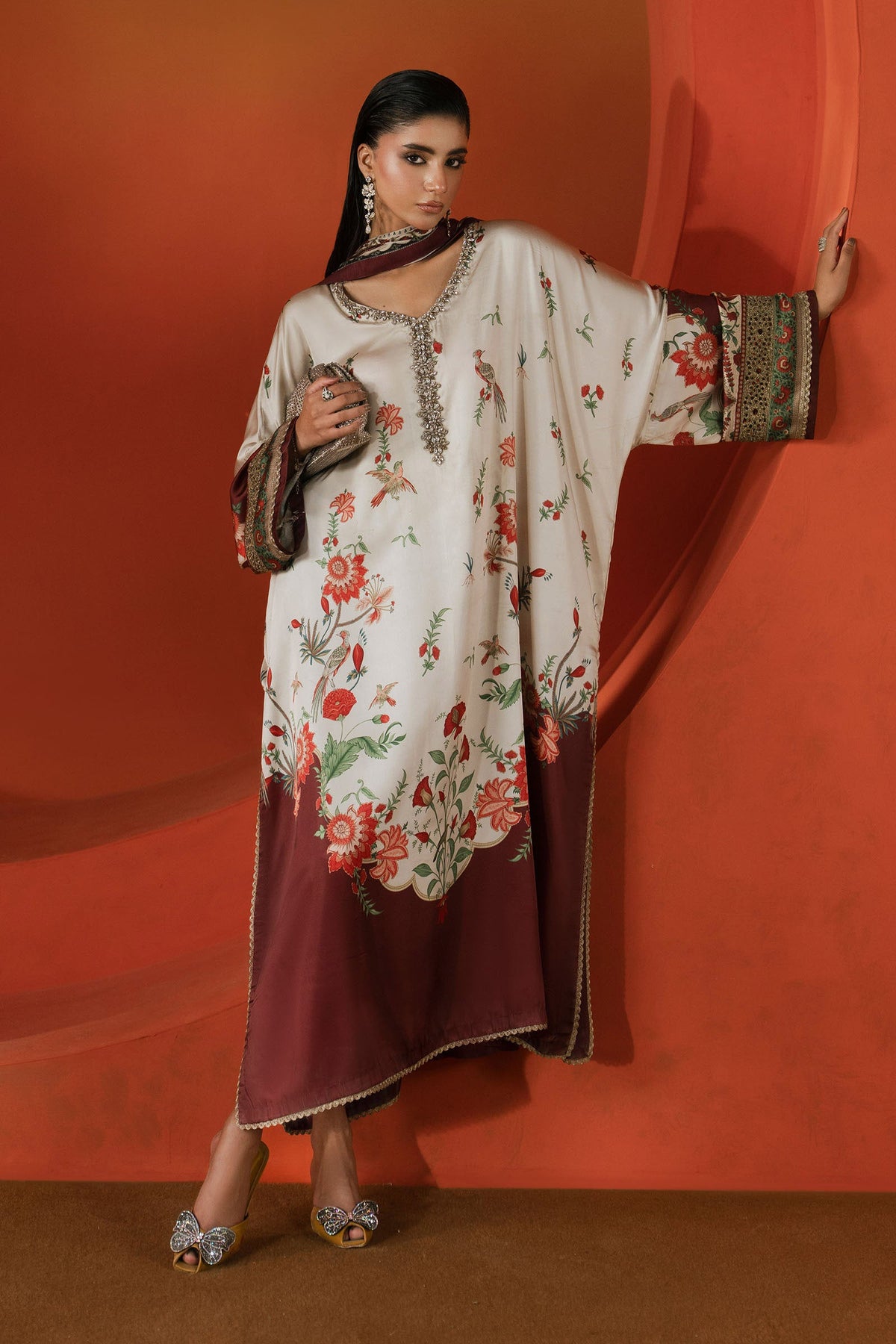 3 Piece Embellished Satin Silk Suit
