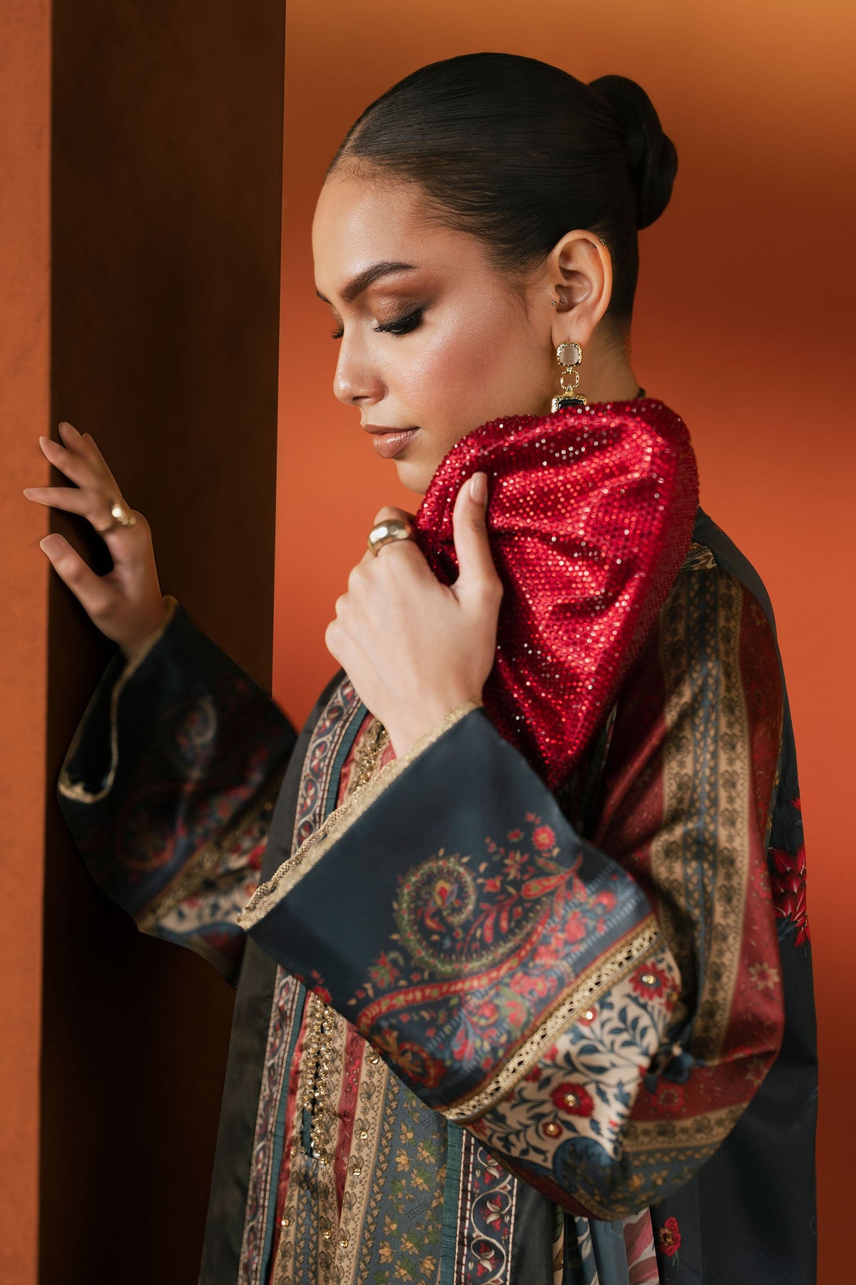 3 Piece Embroidered Satin Silk Suit