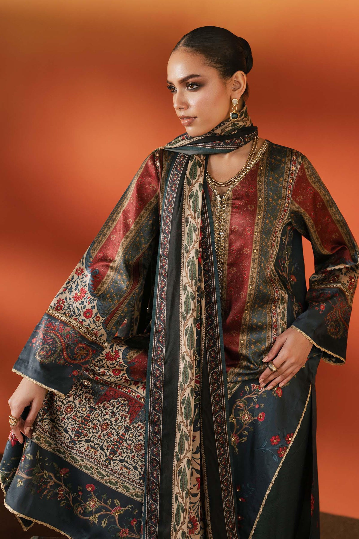 3 Piece Embroidered Satin Silk Suit