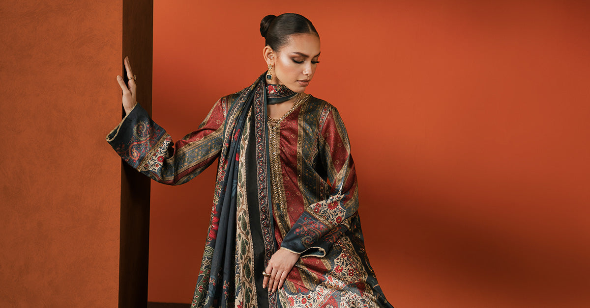 3 Piece Embroidered Satin Silk Suit