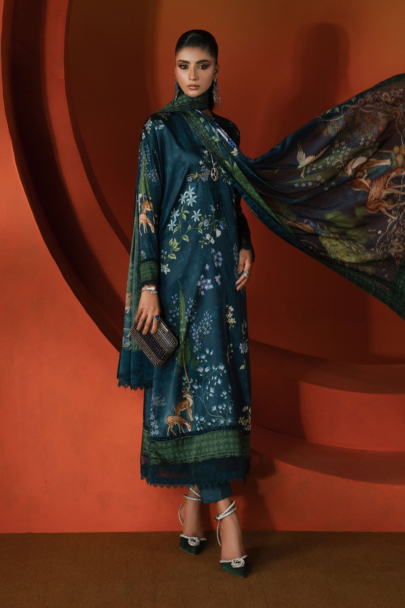 3 Piece Printed Satin Silk Suit