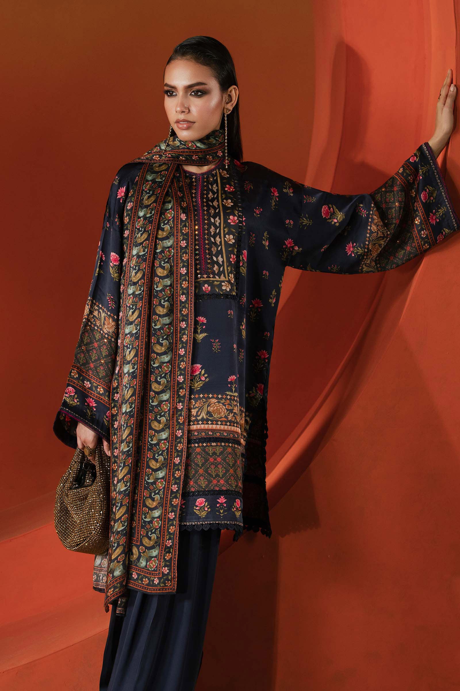 3 Piece Printed Satin Silk Suit