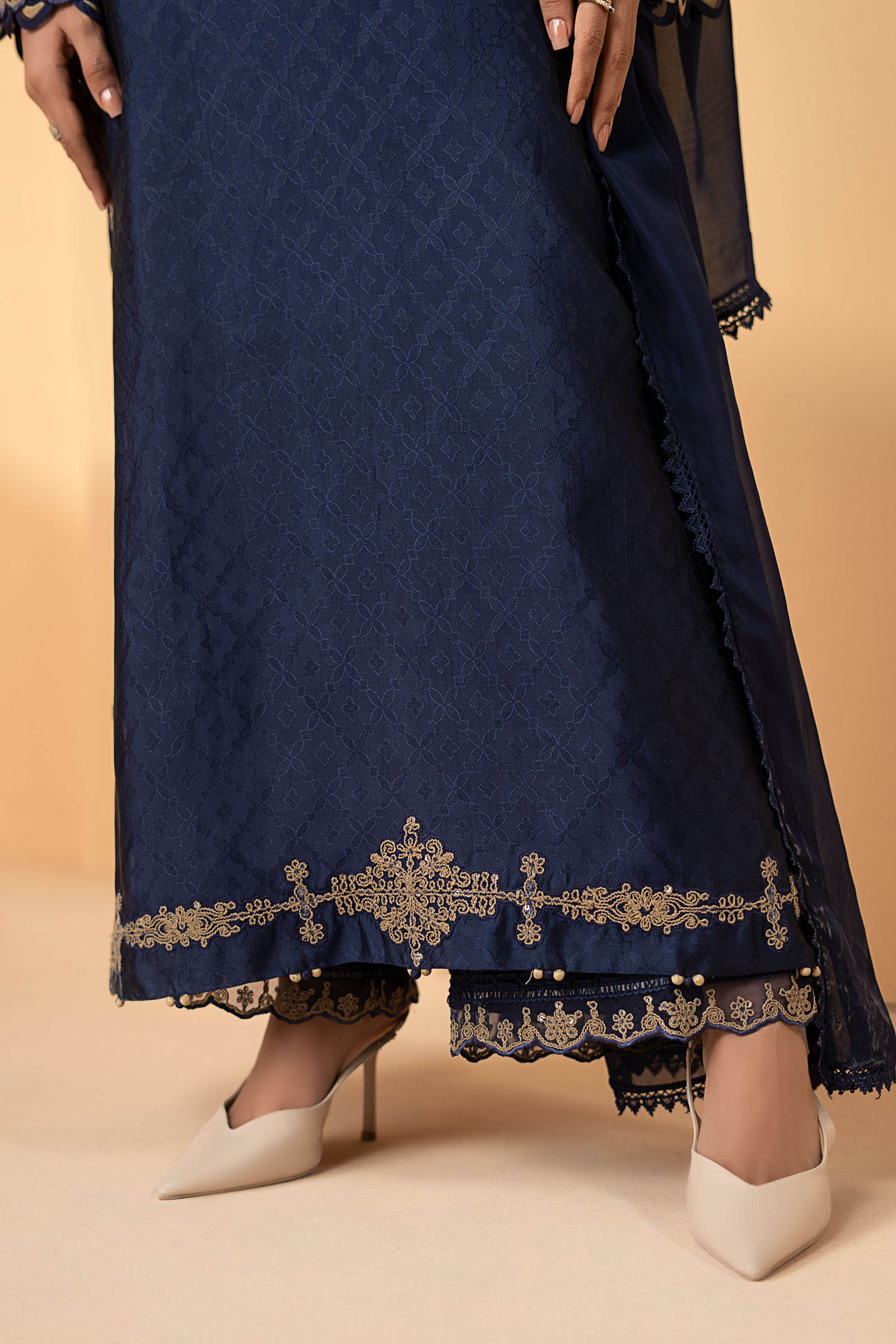 3 Piece Embroidered Self Tassel Silk Suit