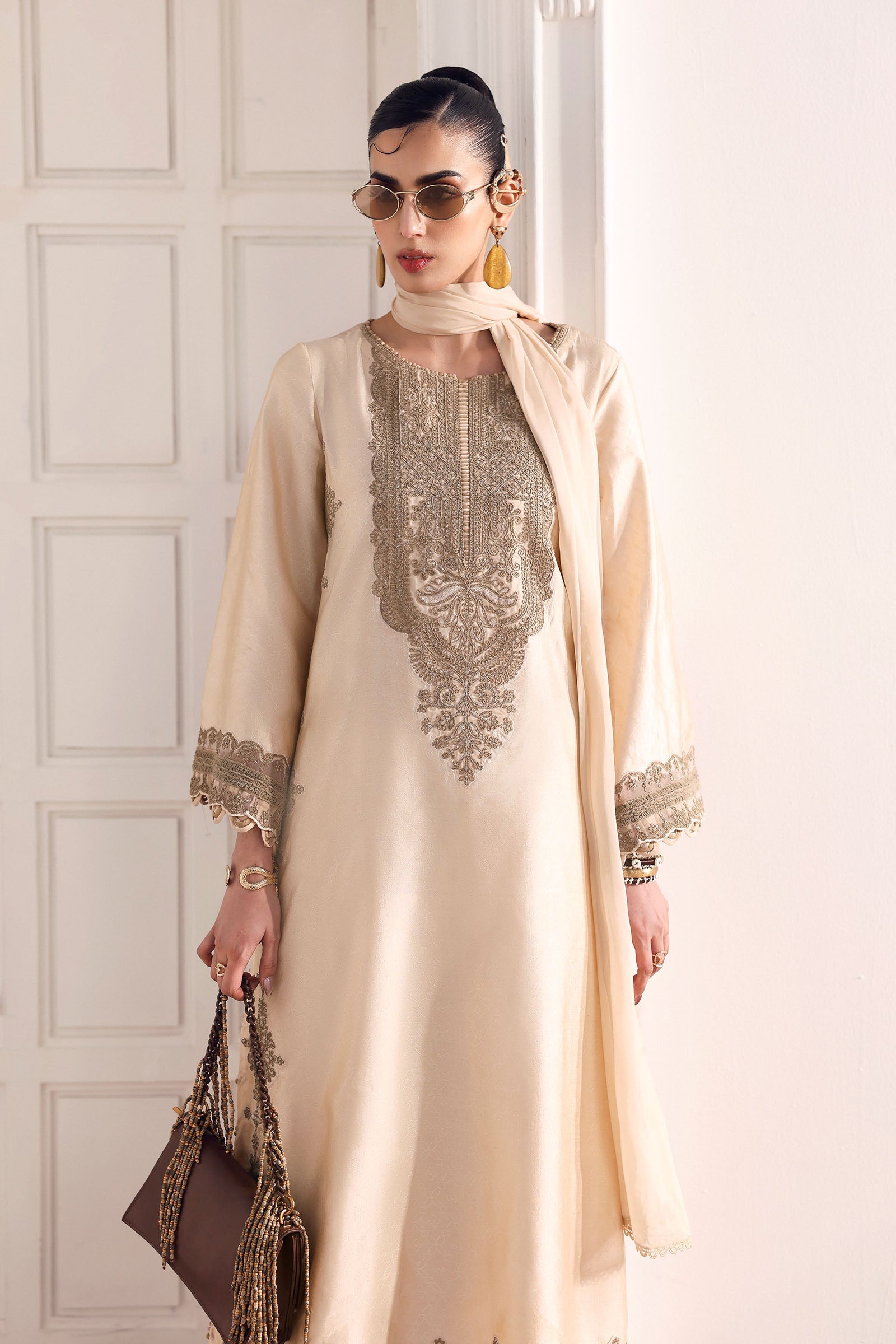 3 Piece Embroidered Self Tassel Silk Suit