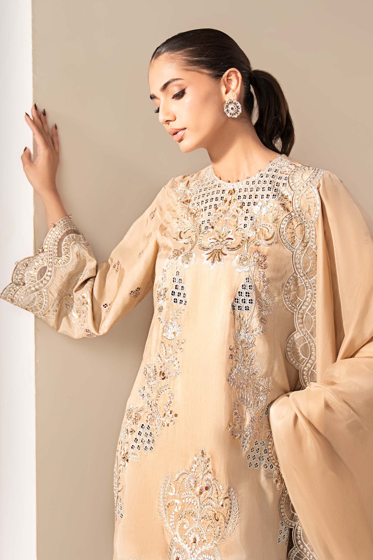 3 Piece Embroidered Raw Silk Suit