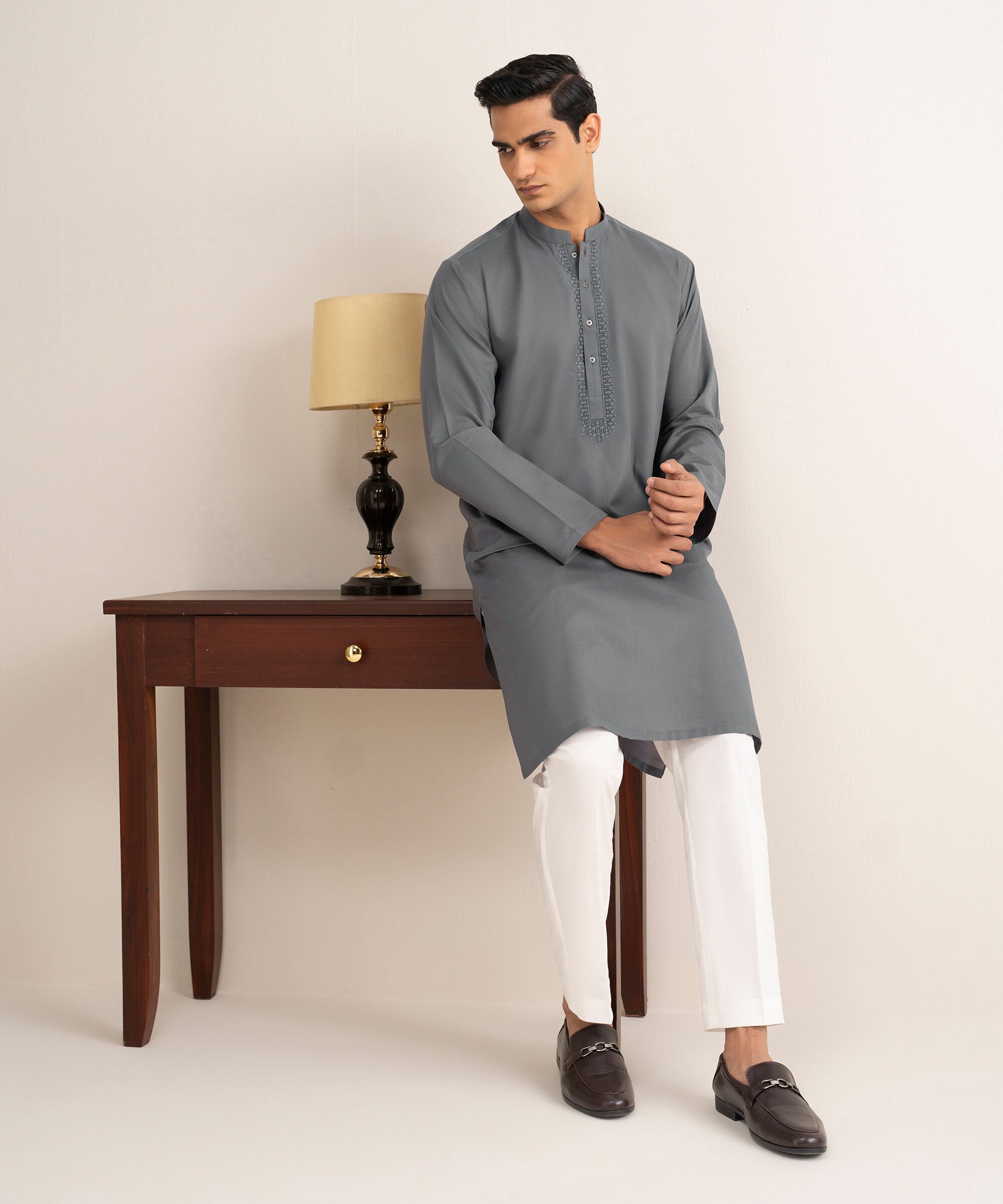 Men'S Stitched Metal Grey Cotton Jacquard Kurta