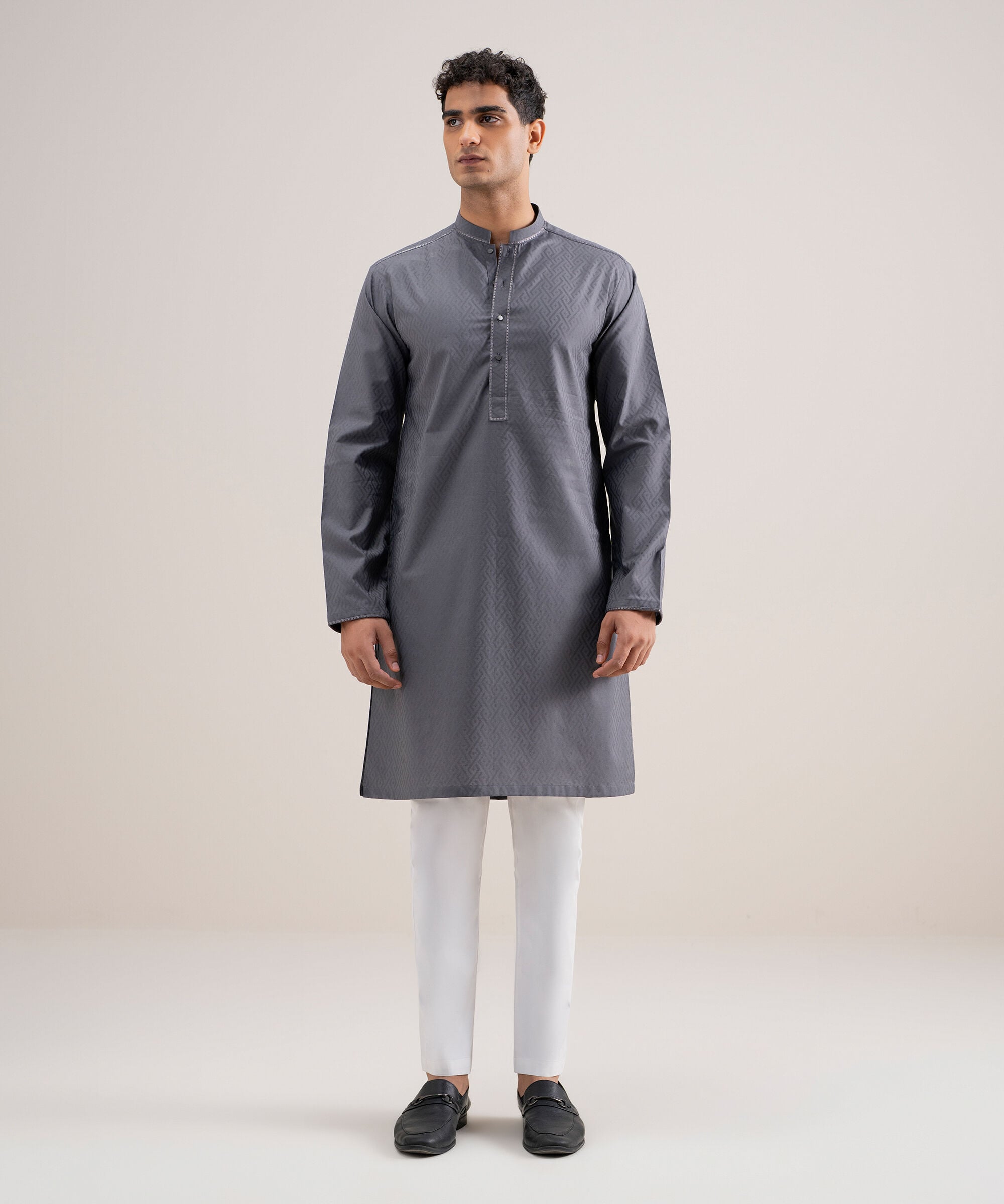Men's Stitched Cotton Jacquard Grey Kurta