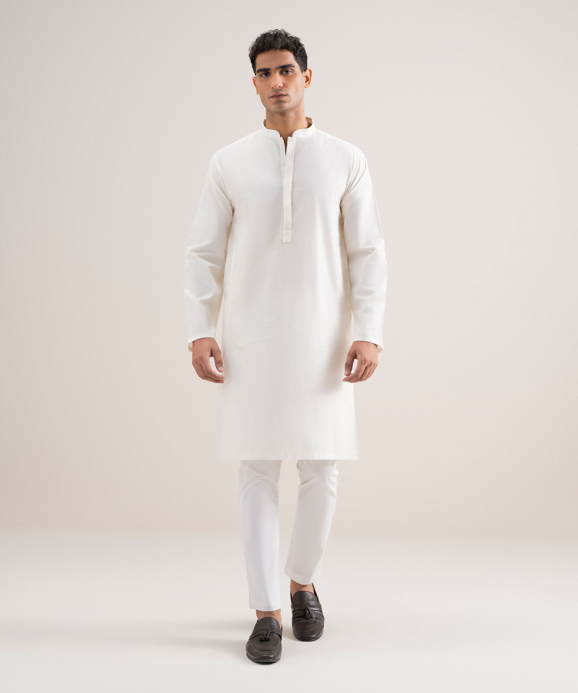 Men's Stitched Cotton Jacquard Off White Kurta
