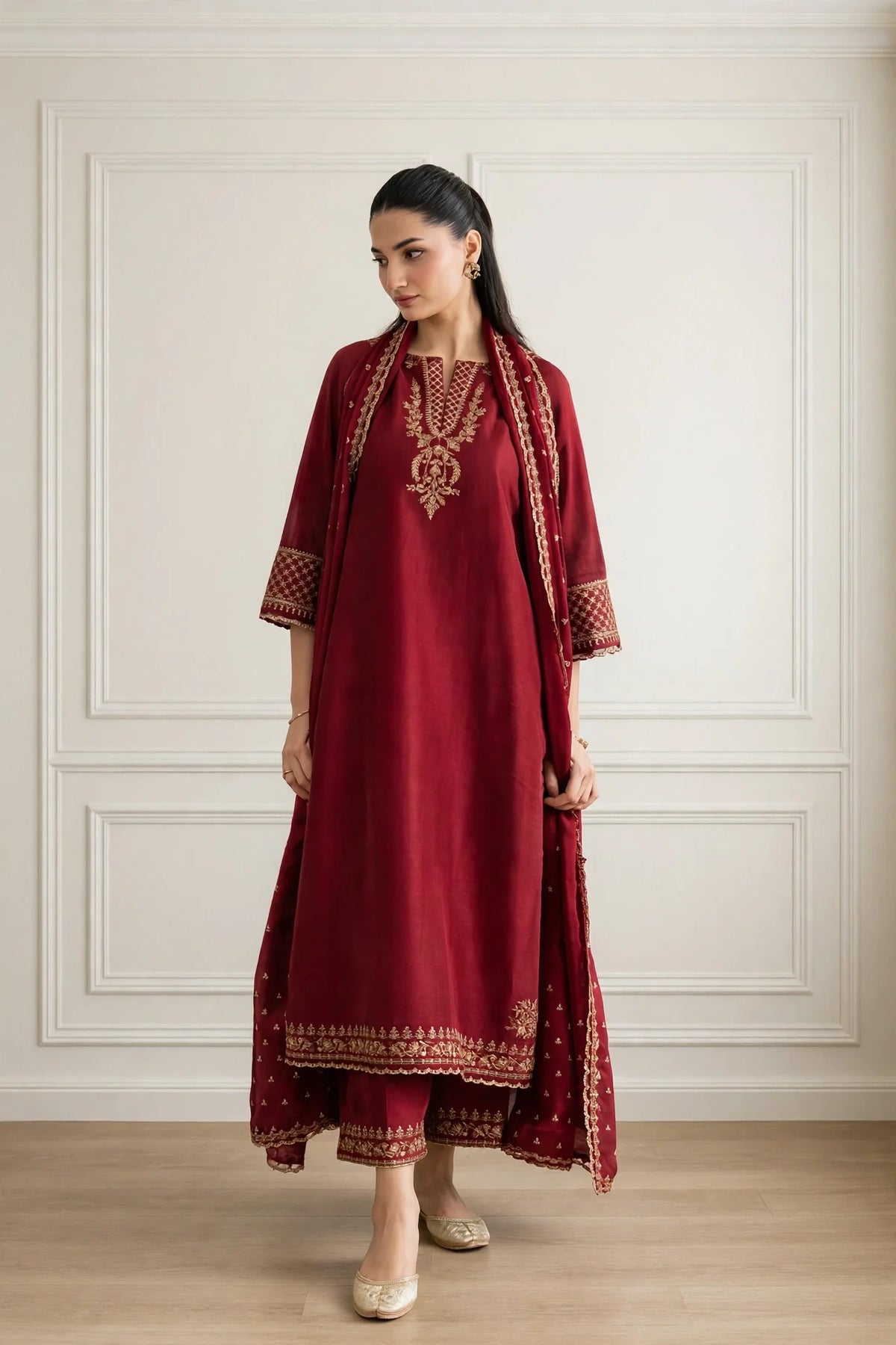 Mahroon Mehar Maroon 3 Piece Lawn Suit | MAHARANI Official