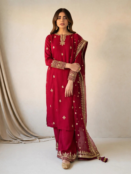 Maroon Zareen 3 Piece Dress | Mehroon Embroidered Lawn Suit