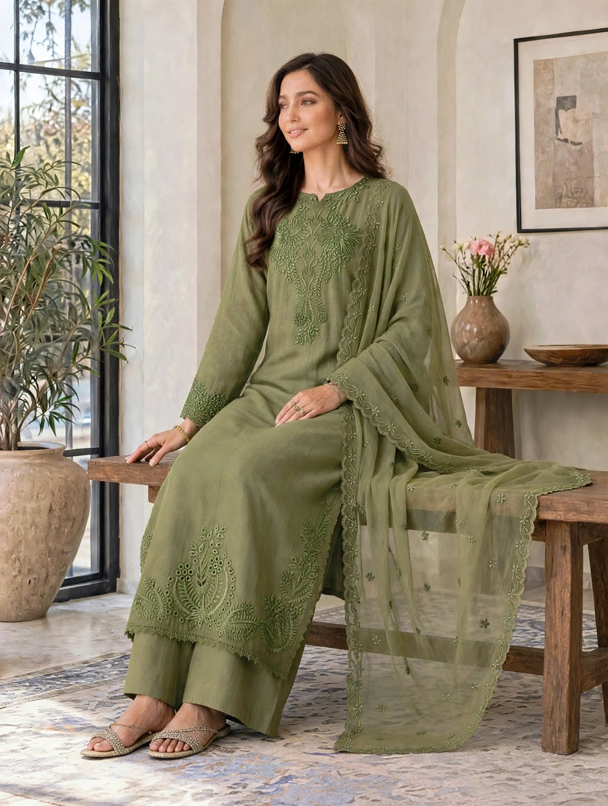 MEHANDI LURELLE-Viscose Embroidered 3-Piece Suit for women