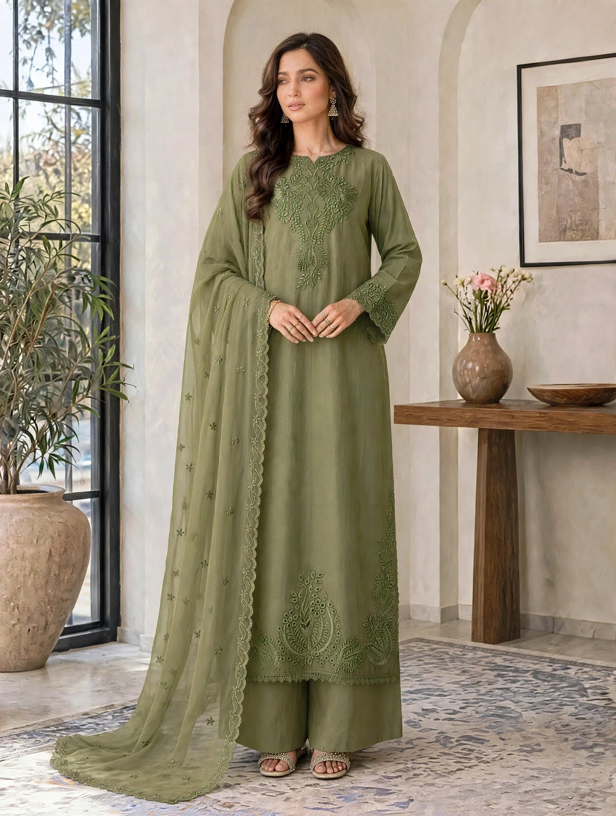 MEHANDI LURELLE-Viscose Embroidered 3-Piece Suit for women