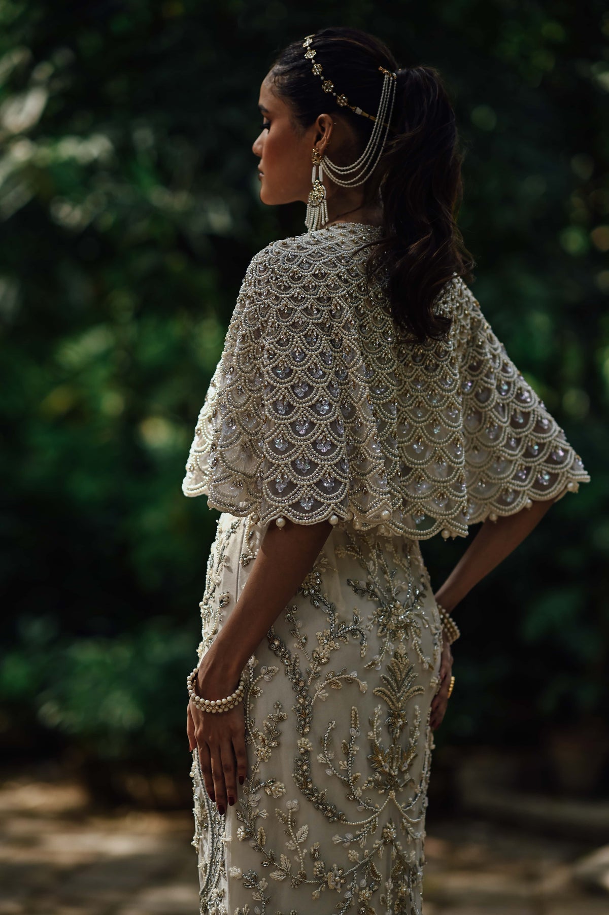 White Pearl Embellished Cape with Embellished Pencil Skirt