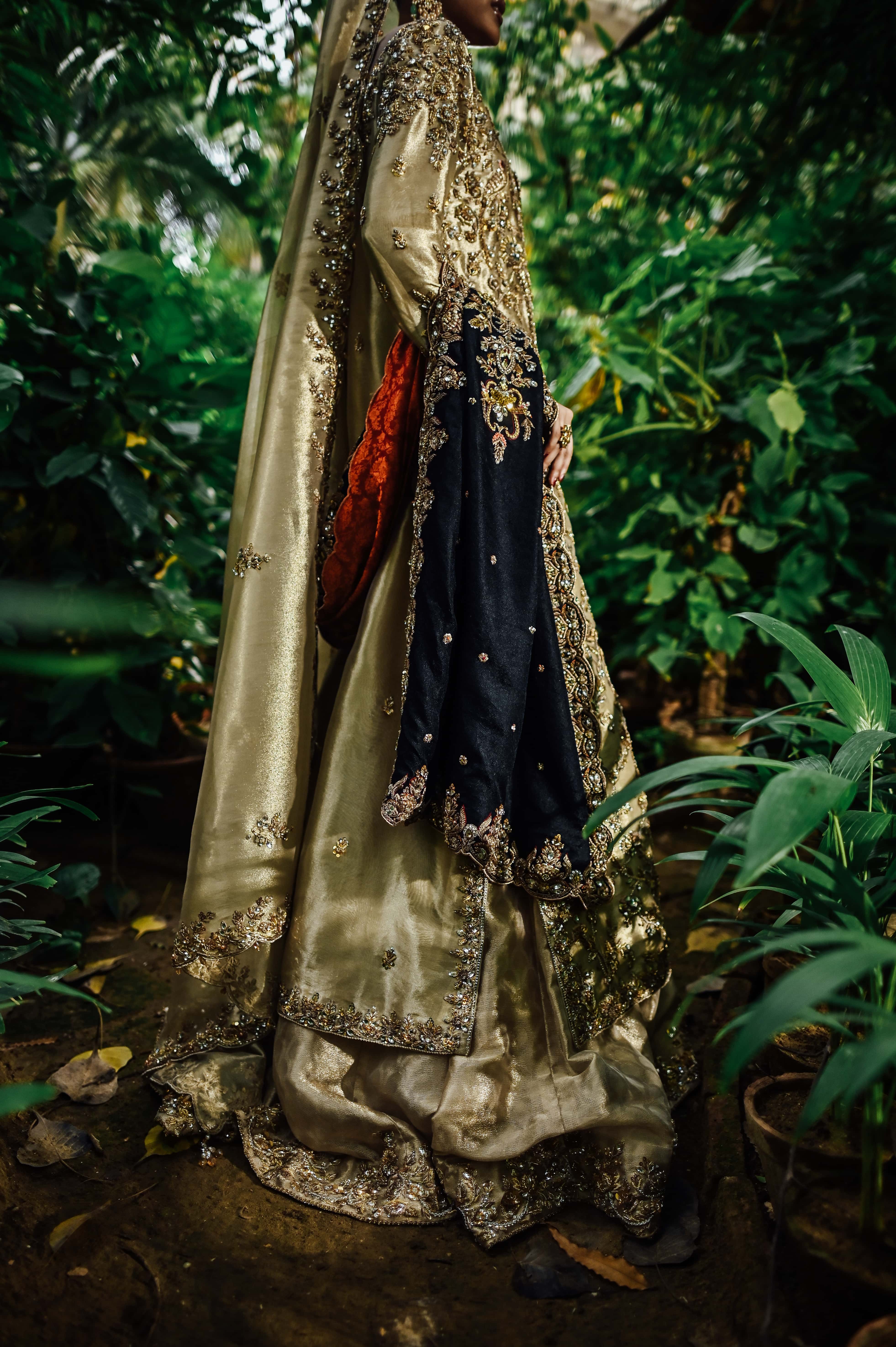 Gold Lamé Embellished Bridal Kameez with Scalloped Dupatta and Kalidar lehenga