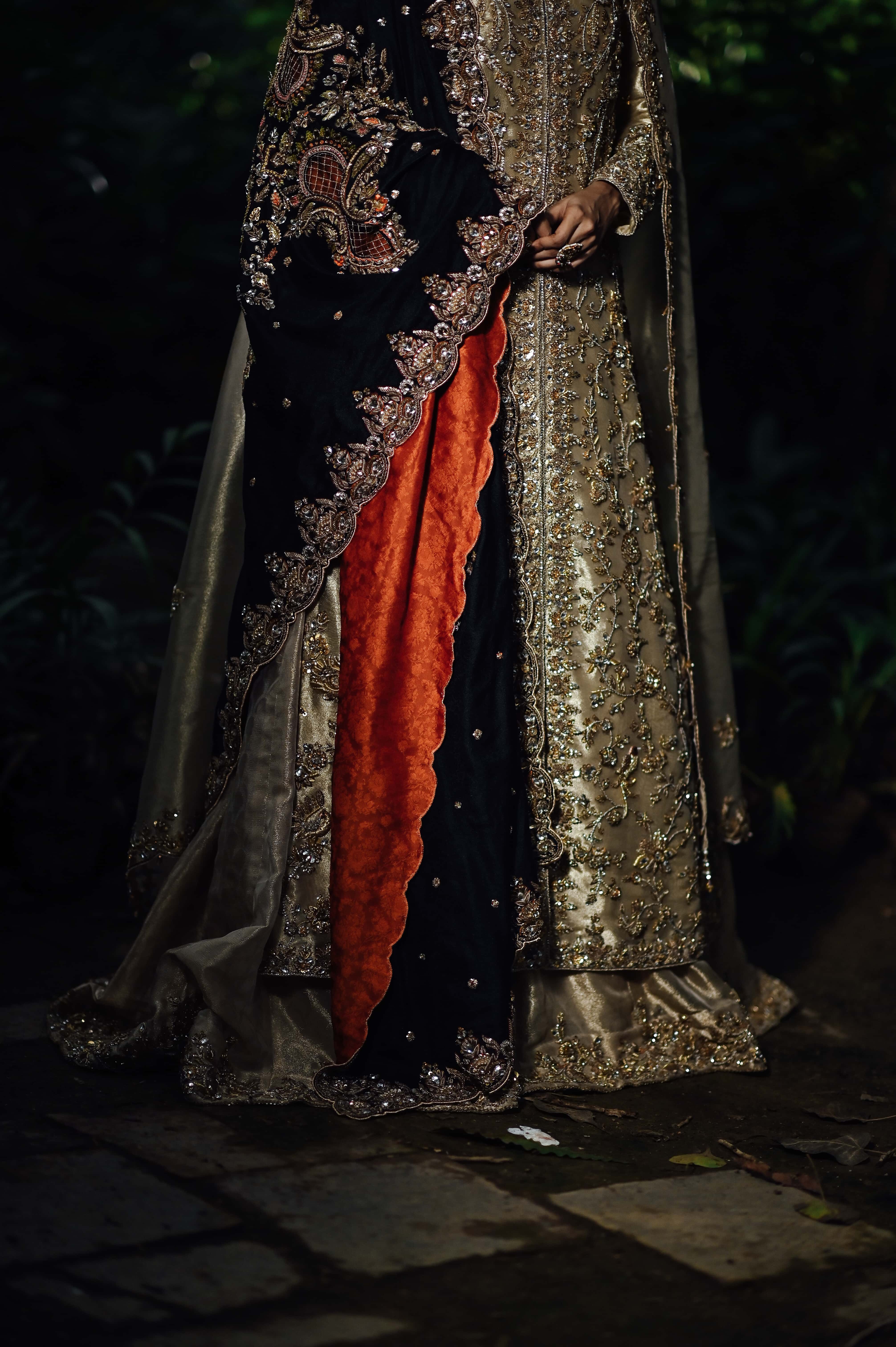 Gold Lamé Embellished Bridal Kameez with Scalloped Dupatta and Kalidar lehenga