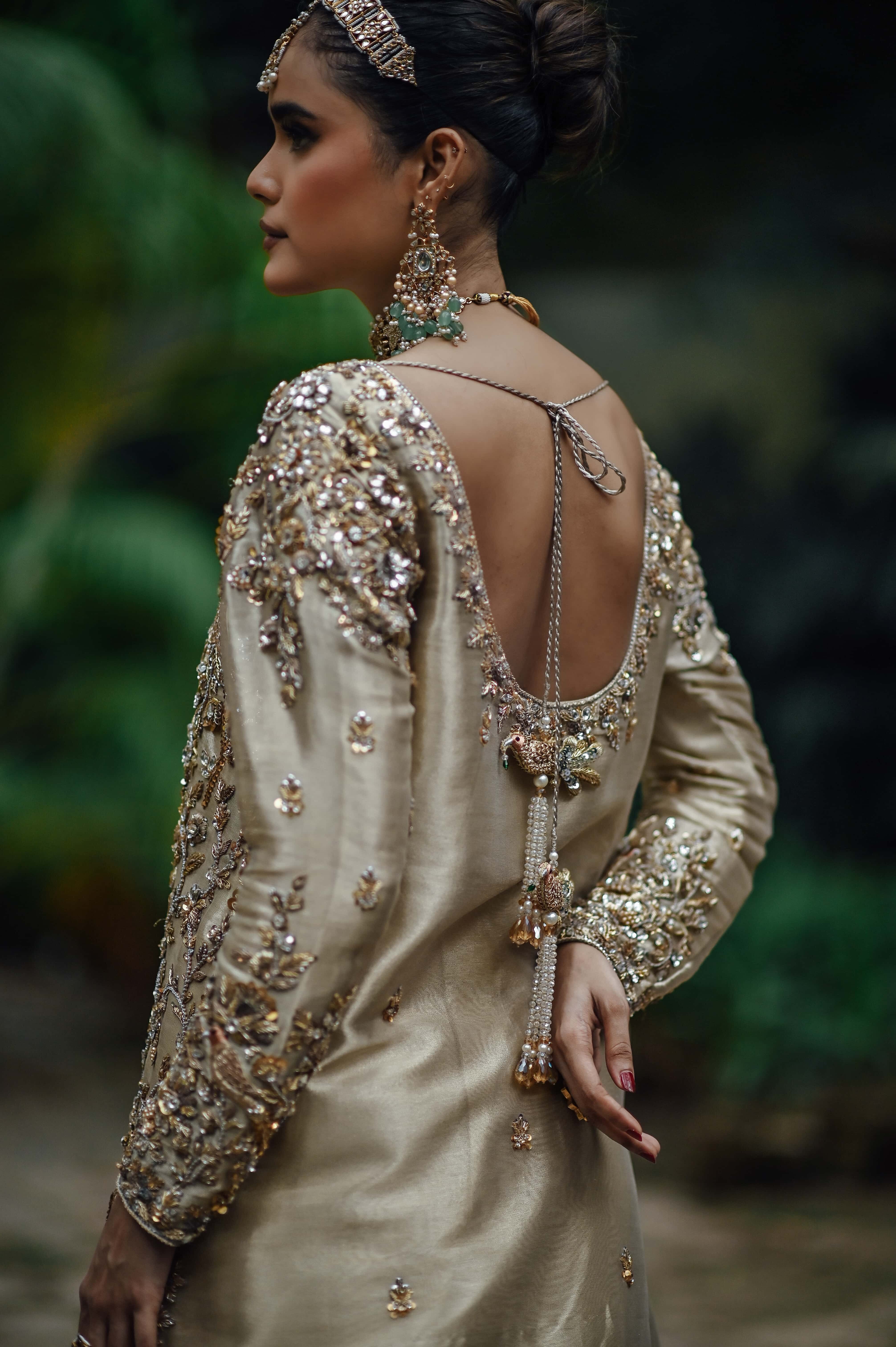 Gold Lamé Embellished Bridal Kameez with Scalloped Dupatta and Kalidar lehenga