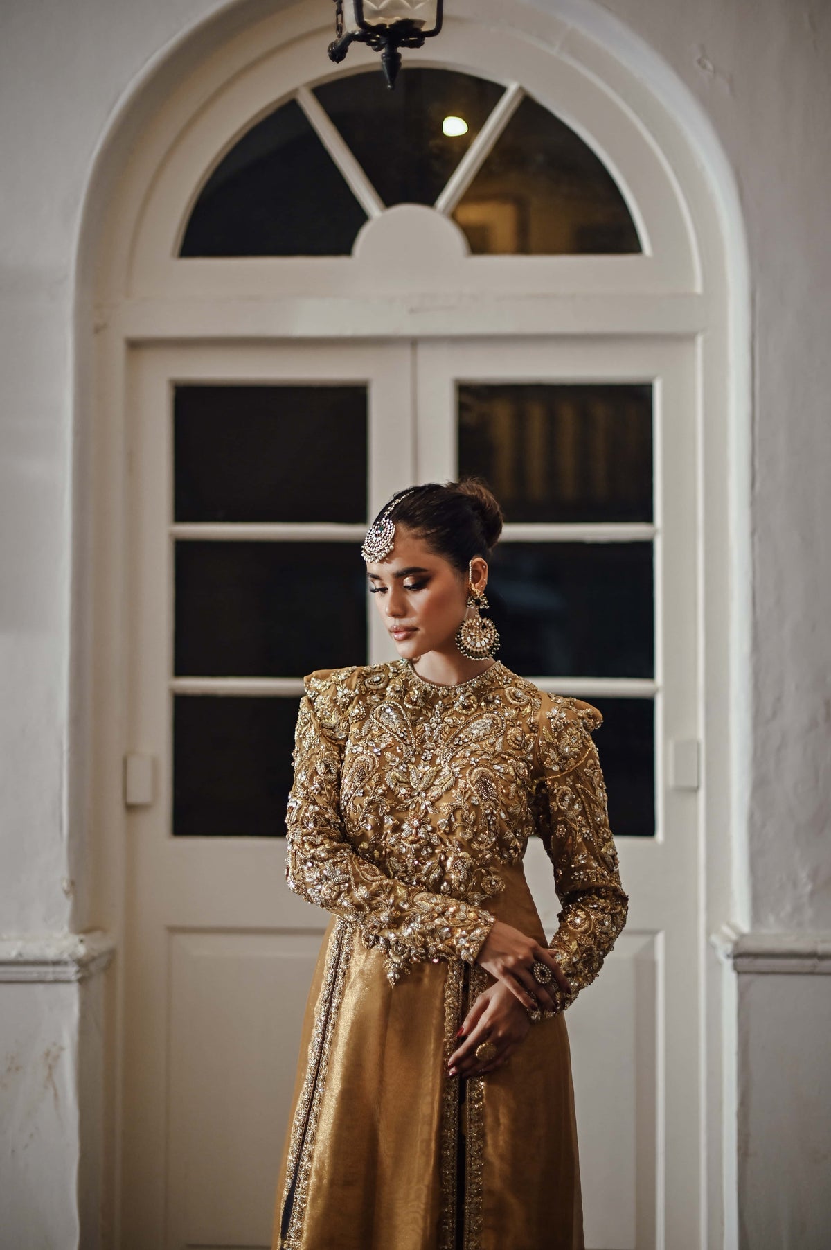 Gold Lamé Long Embellished Kameez with Jamawar Dhaka Pajama