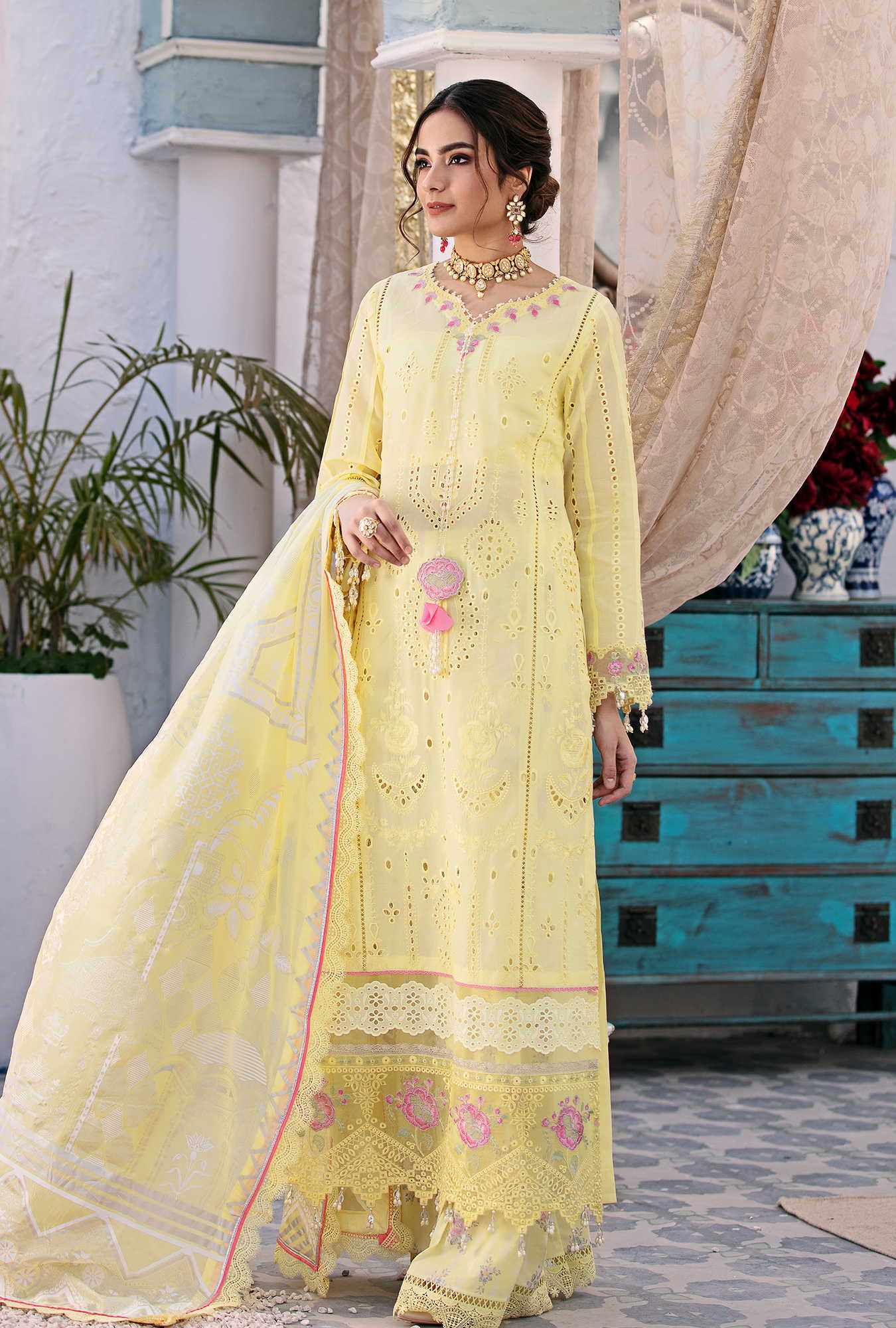 3 Piece Embroidered Pk Raw Silk Suit