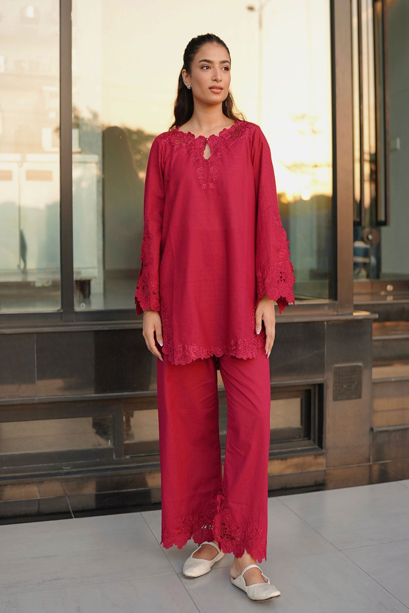 SS26DC-2588 - MAROON - COTTON JACQUARD - 2PCS - EMBROIDERED KURTA WITH TROUSER