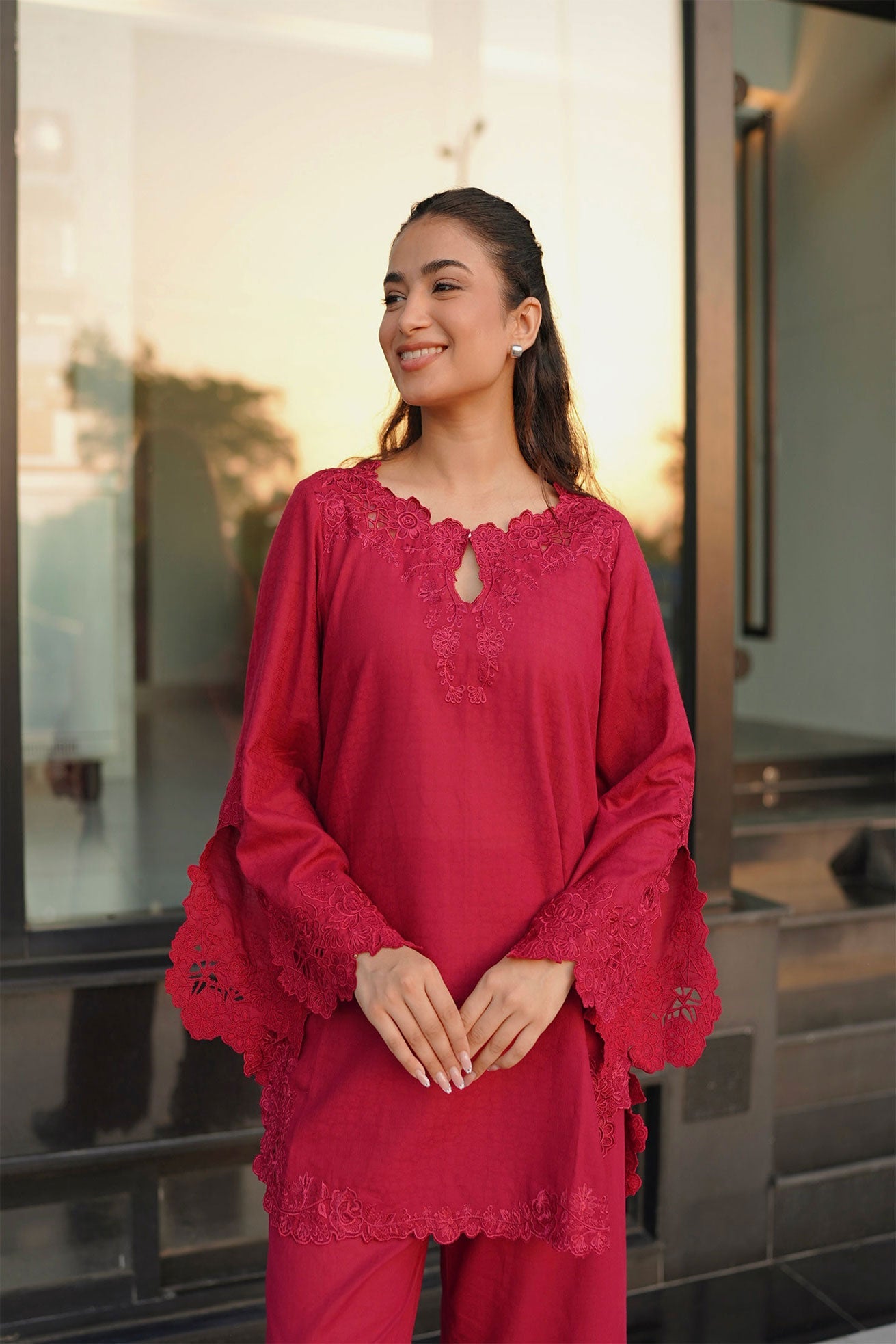 SS26DC-2588 - MAROON - COTTON JACQUARD - 2PCS - EMBROIDERED KURTA WITH TROUSER