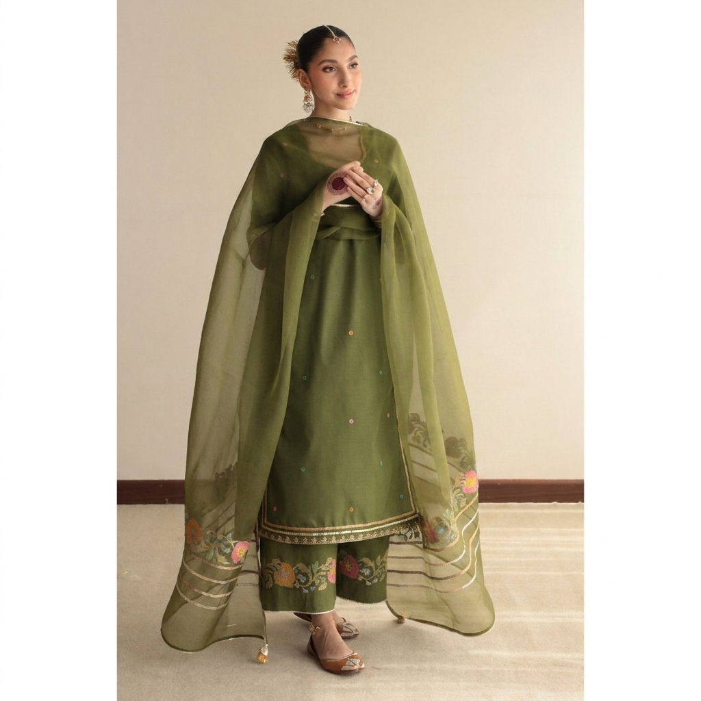 Olive Pret Lawn Suit – Soft Olive Dhaga Embroidery Dress