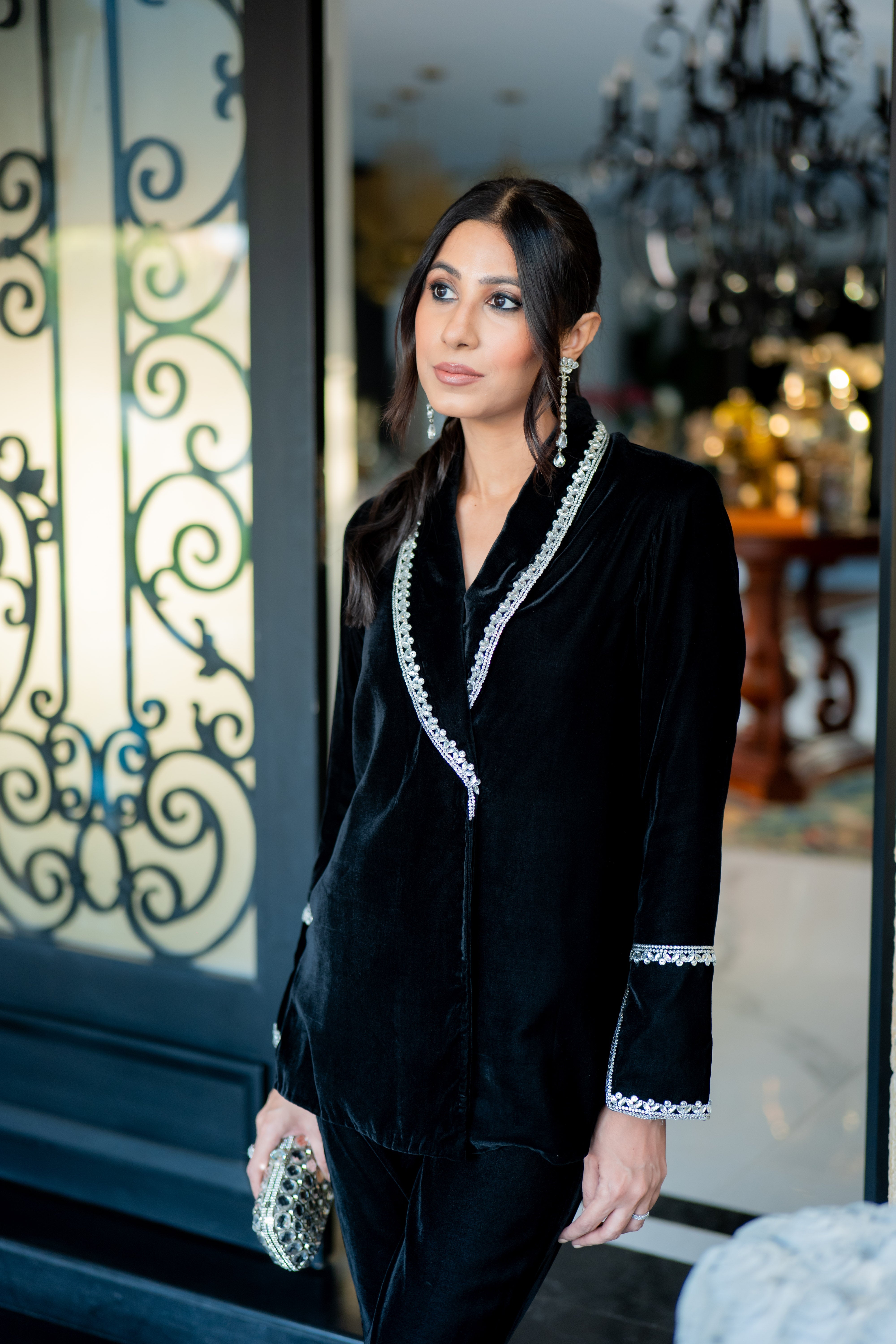 Velvet Embellished Coat with Straight Trousers