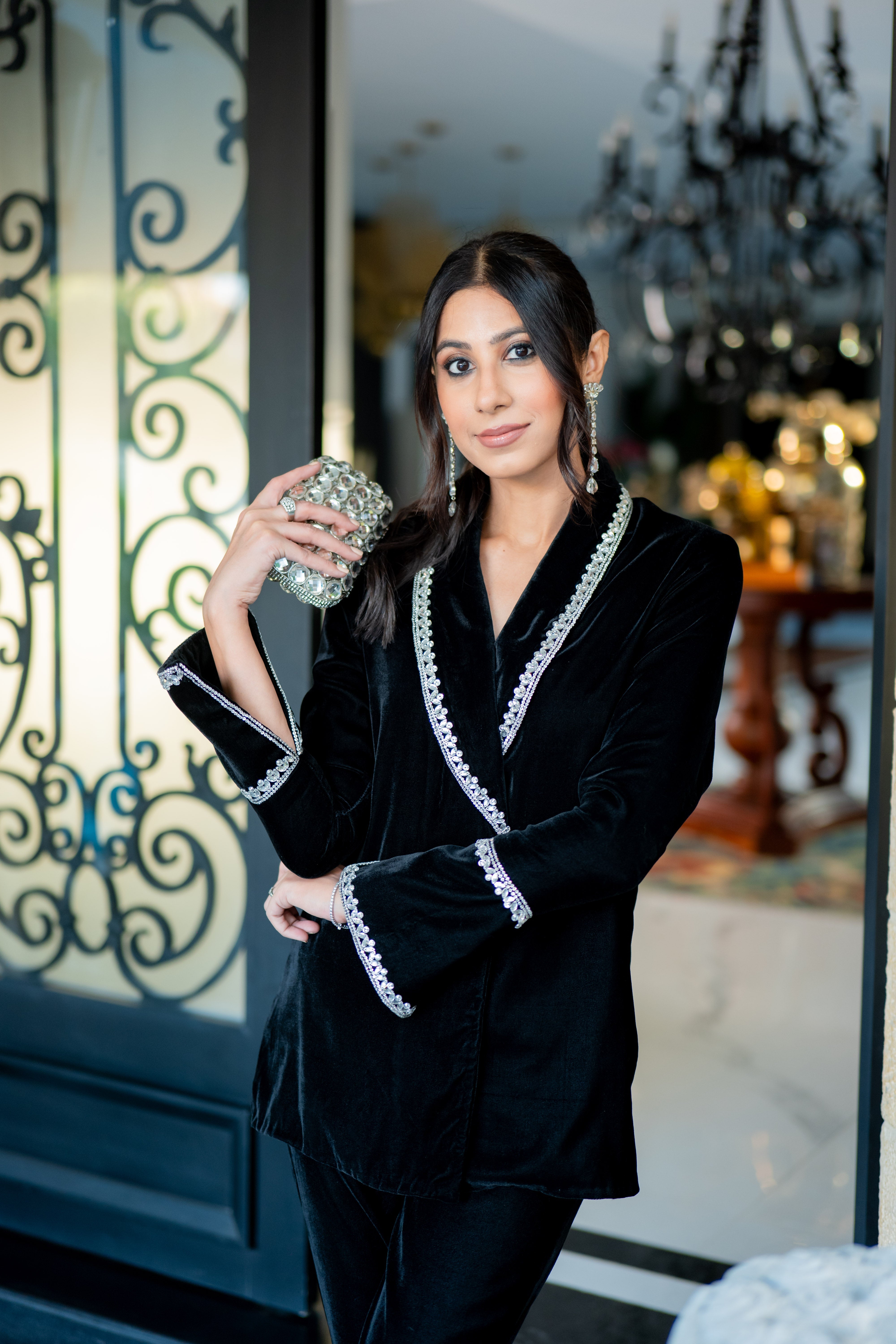 Velvet Embellished Coat with Straight Trousers