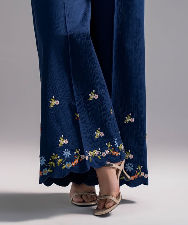 Embroidered Seersucker Flared Pants