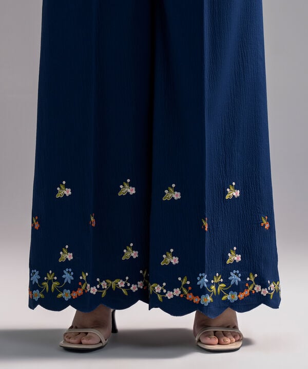 Embroidered Seersucker Flared Pants