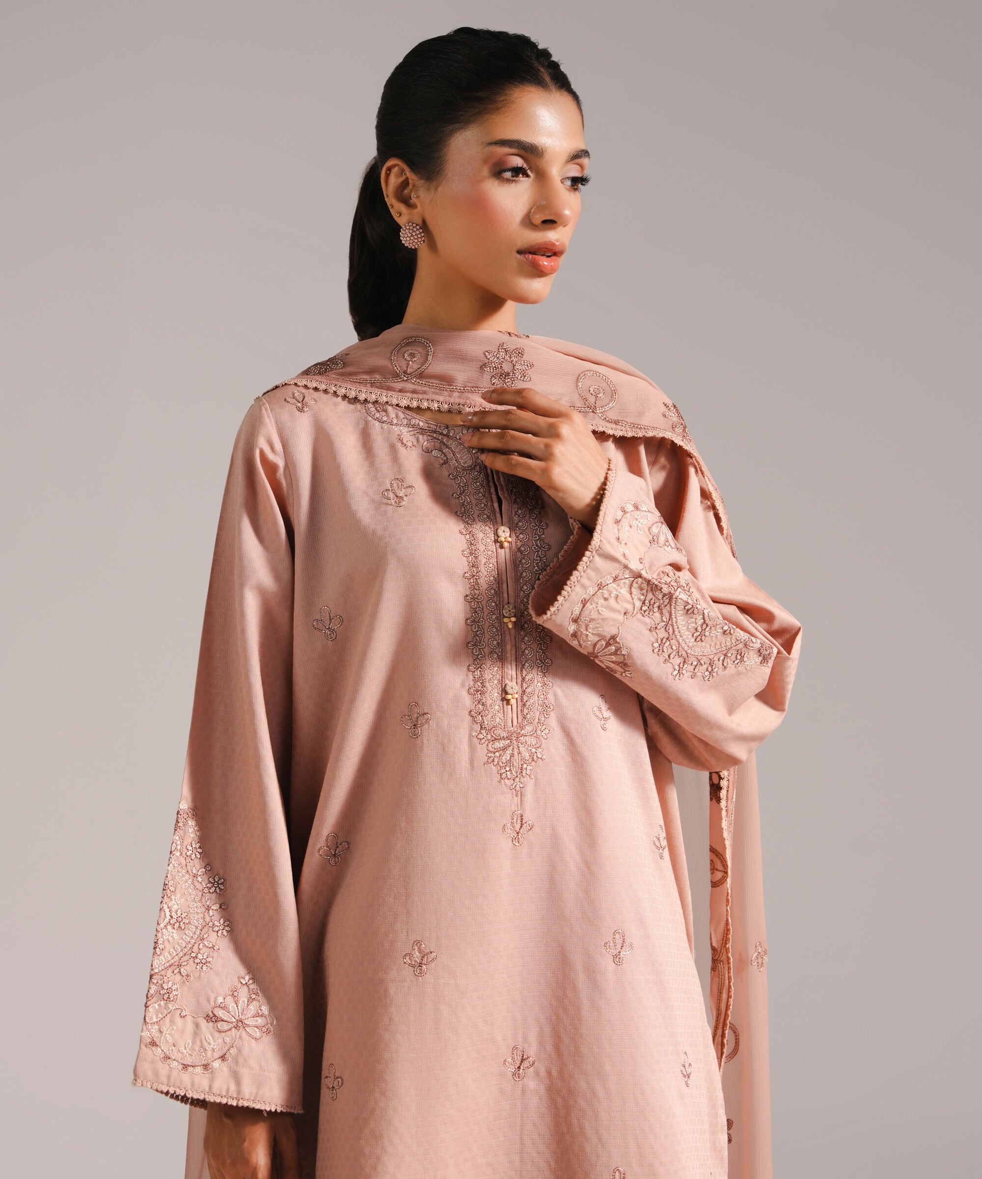 Women's RTW Dobby Embroidered Dark Beige 3 Piece Suit
