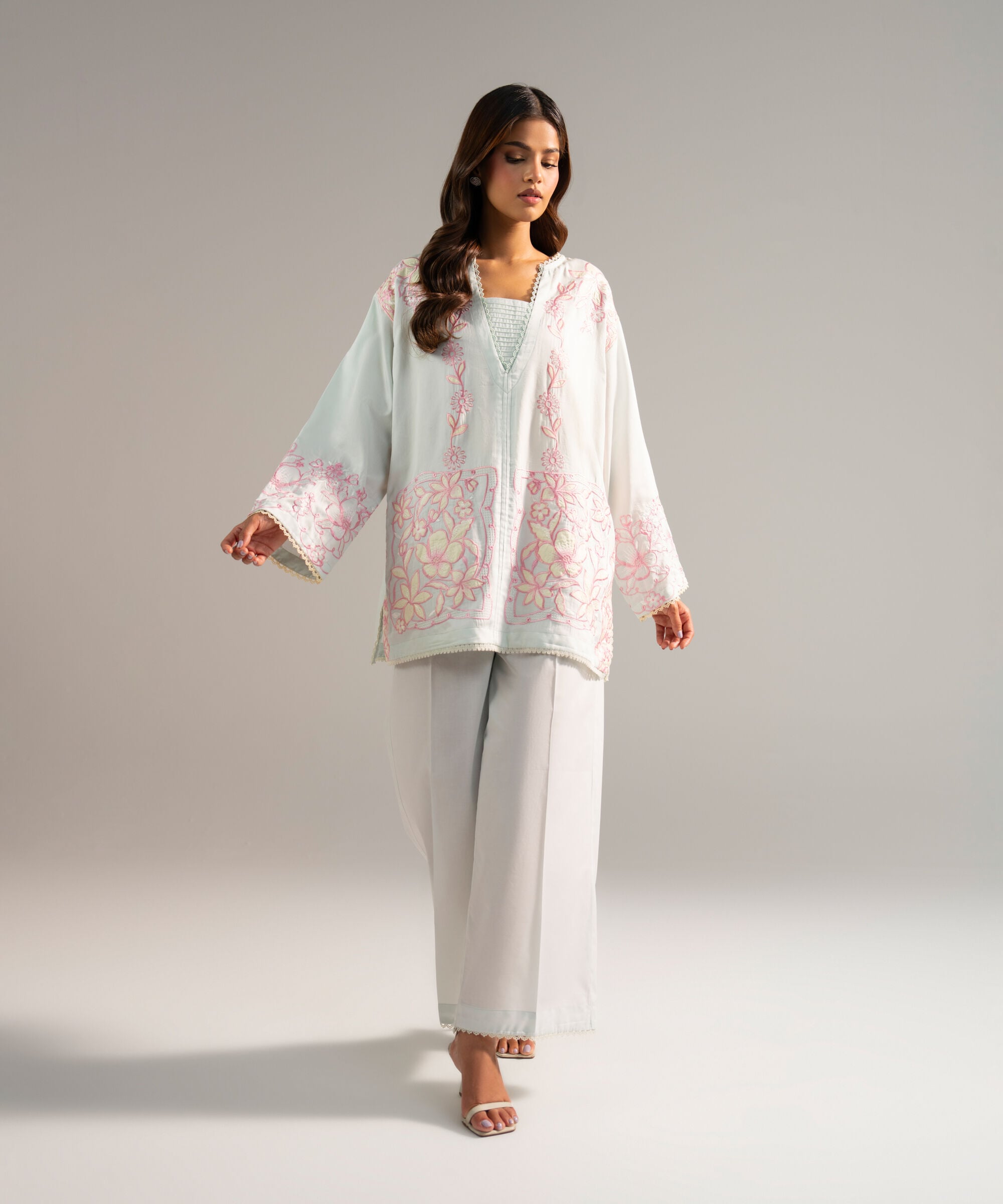 2 Piece - Embroidered Cotton Satin Suit