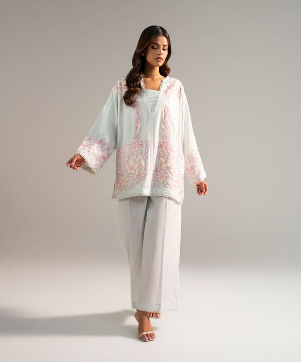 2 Piece - Embroidered Cotton Satin Suit