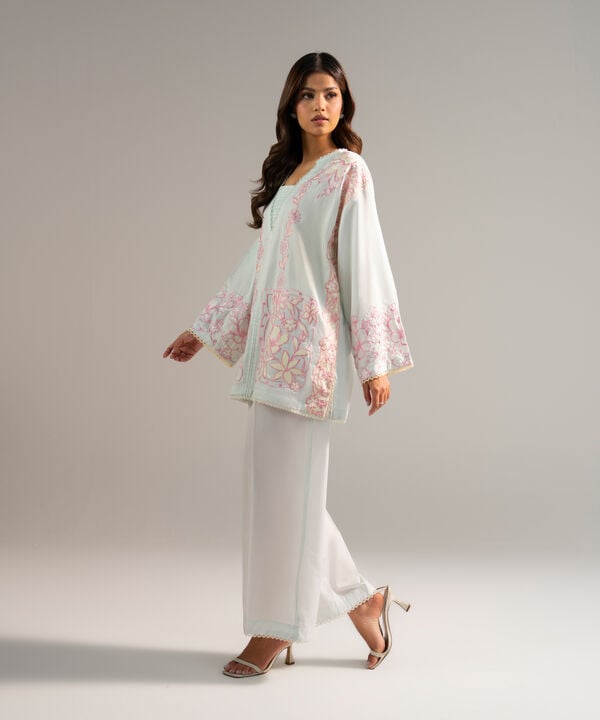 2 Piece - Embroidered Cotton Satin Suit