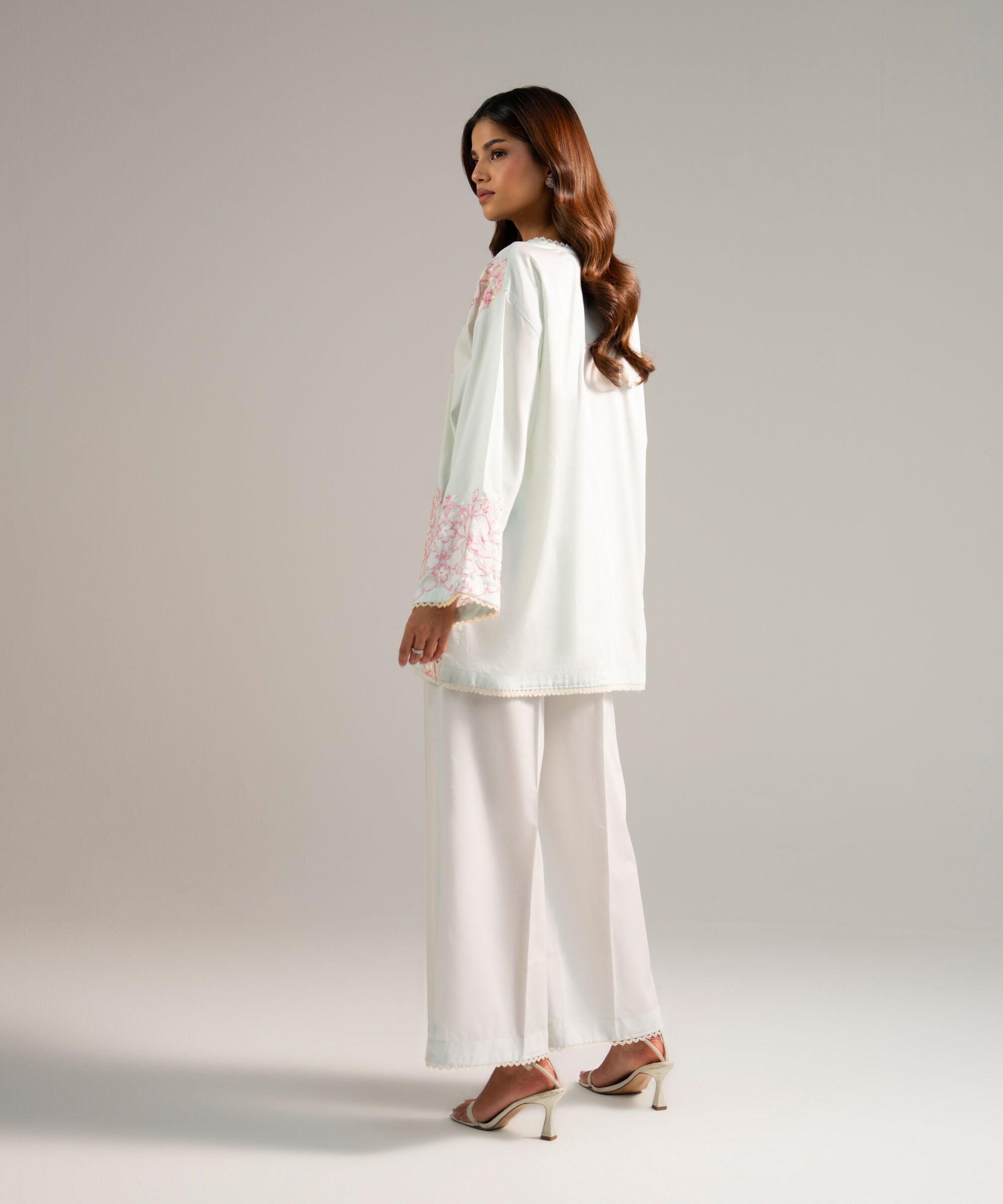 2 Piece - Embroidered Cotton Satin Suit